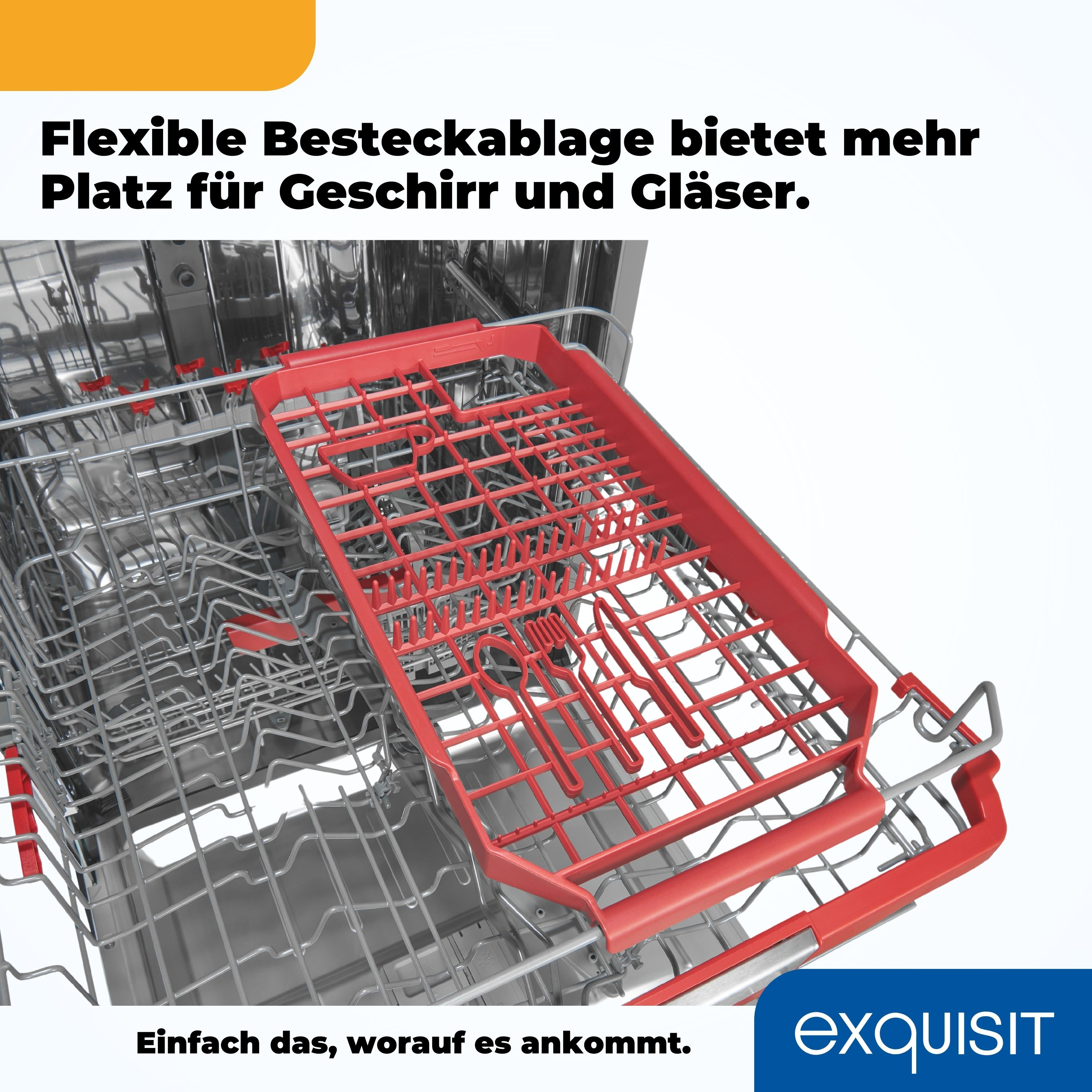 Geschirrspüler-Innenraum mit rotem Besteckkorb und Gestell. Der Hintergrund ist weiß.