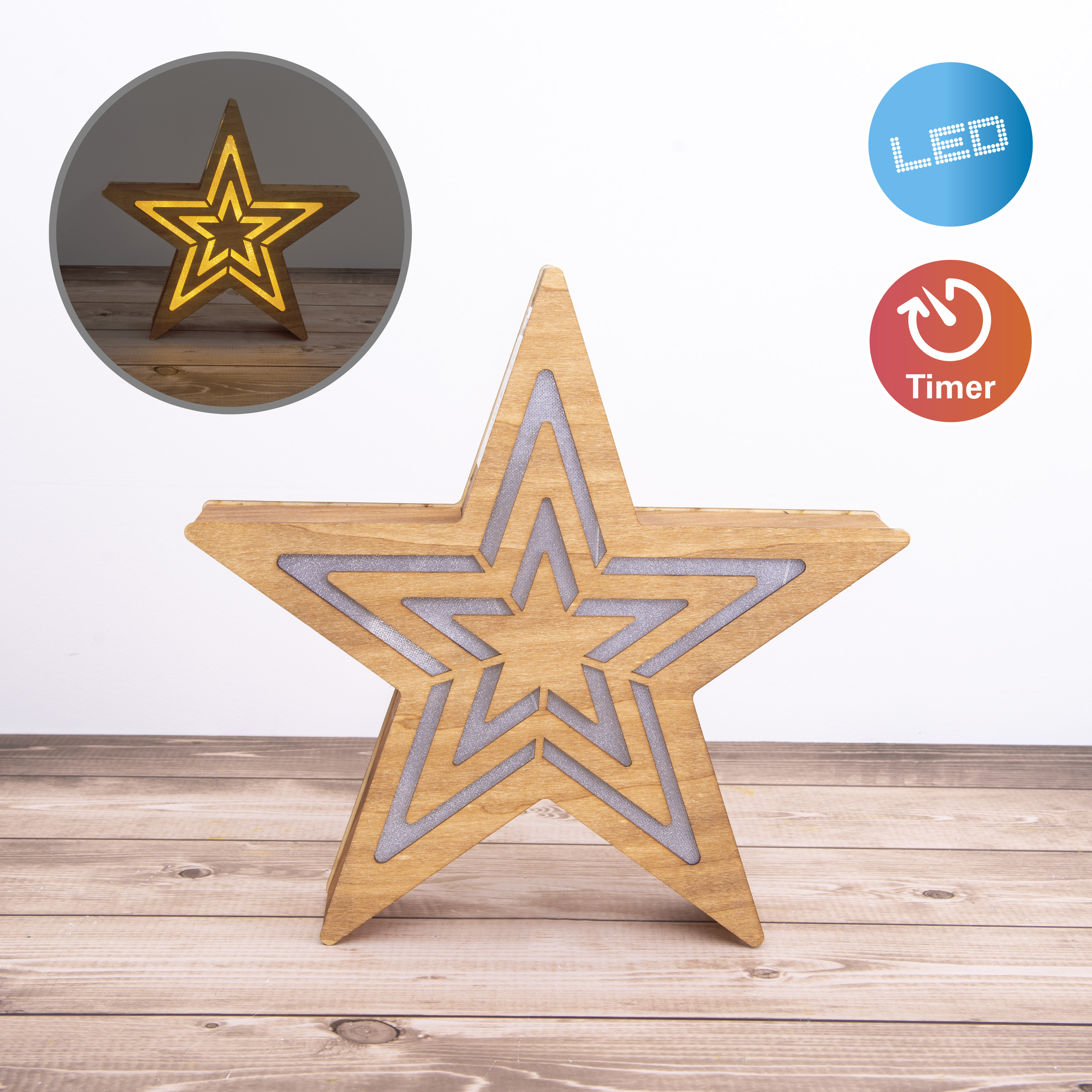 Sternförmige LED-Lampe aus Holz mit einem kleineren Stern in der Mitte und Timer-Optionen.