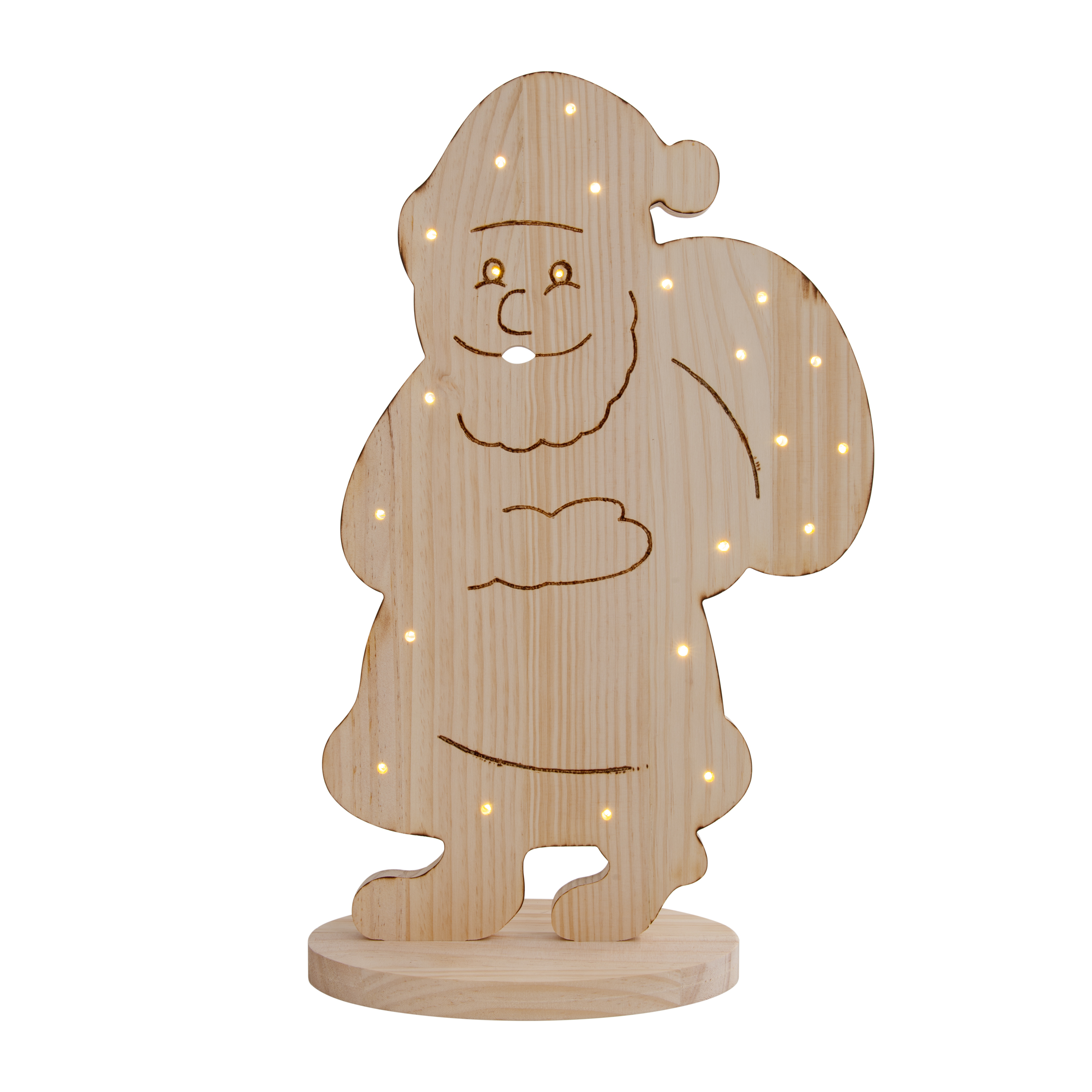 Eine hölzerne Weihnachtsmann-Dekoration mit Lichtern. Es hat ein lächelndes Gesicht und eine Tasche. Weißer Hintergrund.