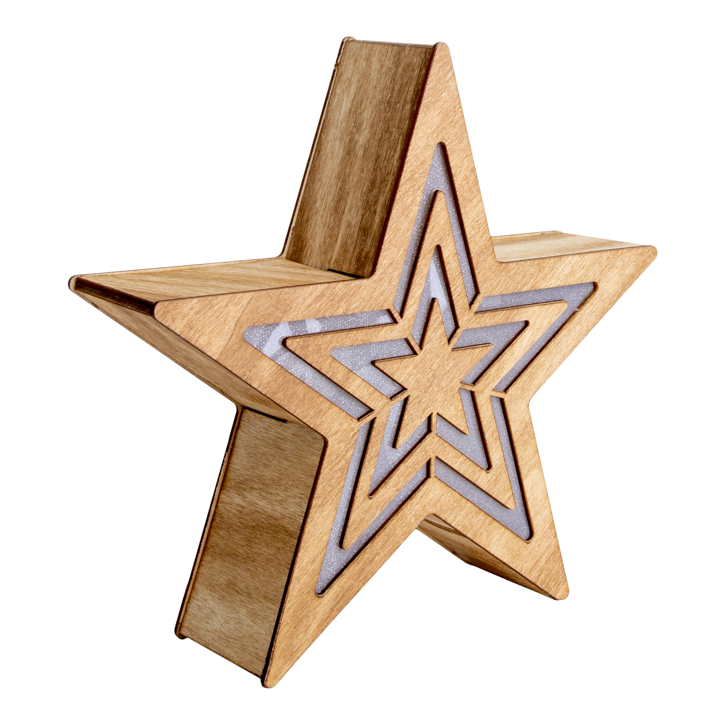 Holzstern-Dekoration mit geschichtetem Design und Innenbeleuchtung.
