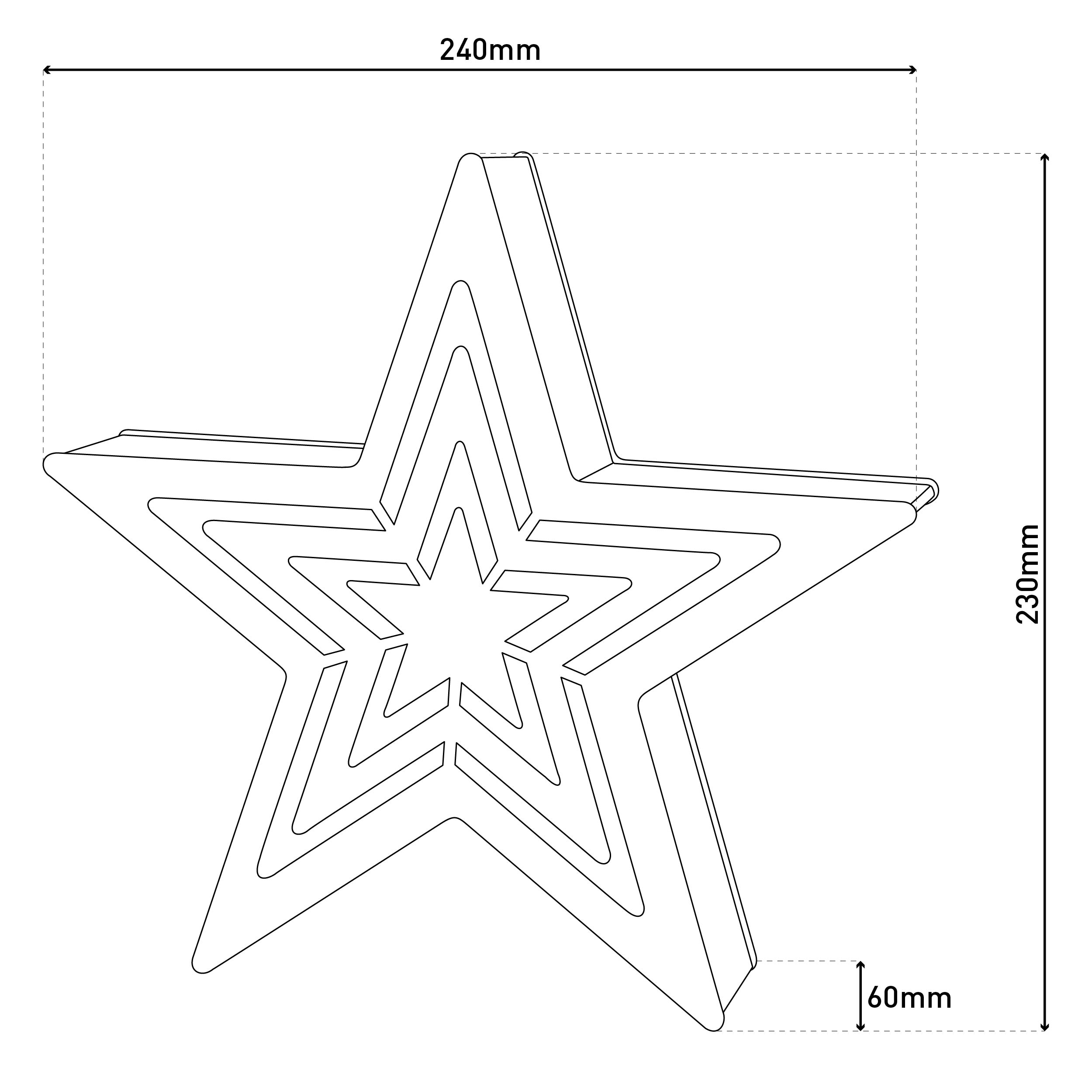Umriss eines Sterns mit den Maßen 240 mm x 230 mm und 60 mm Tiefe.