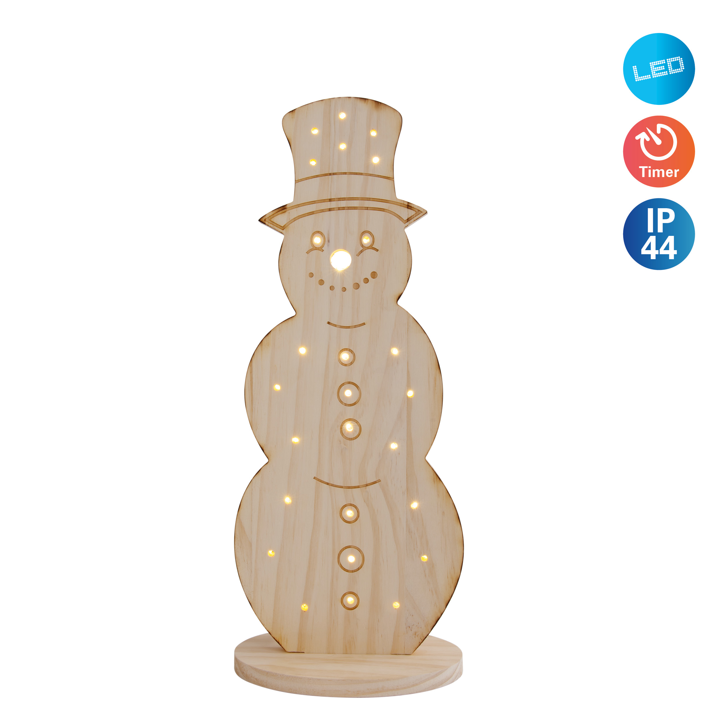 Holz-Schneemann mit Lichtern. Enthält einen Hut, Knöpfe und einen Sockel. LED-, Timer- und IP44-Symbole sind sichtbar.