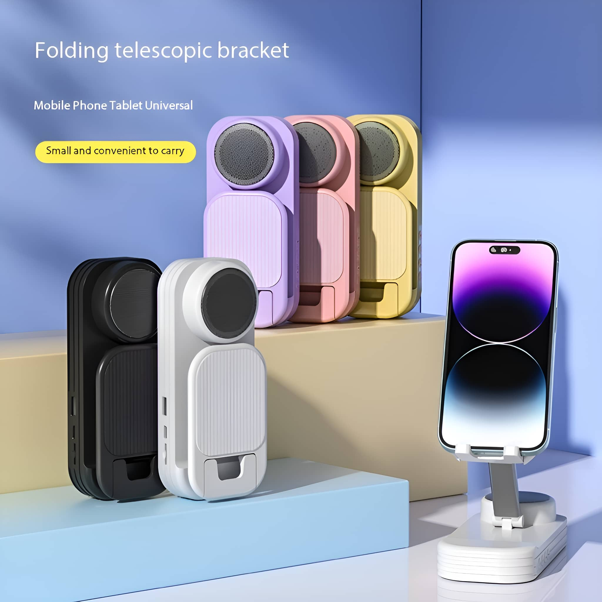 Ein Telefonständer mit farbigen Halterungen und ein Telefon, das eine weiße Oberfläche anzeigt.