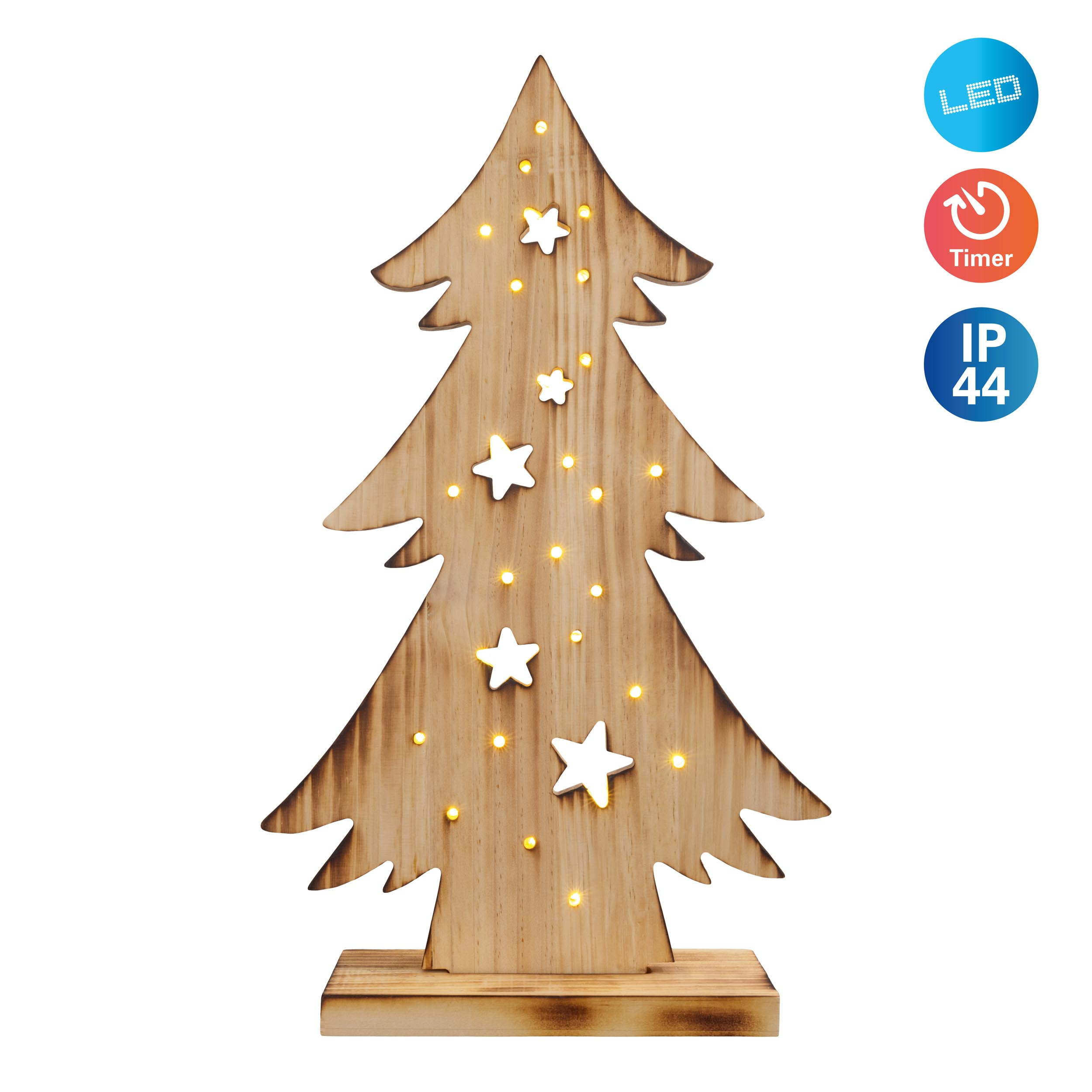 Weihnachtsbaum aus Holz mit Lichtern und Sternen. Es hat einen Holzsockel und ein einfaches Design.