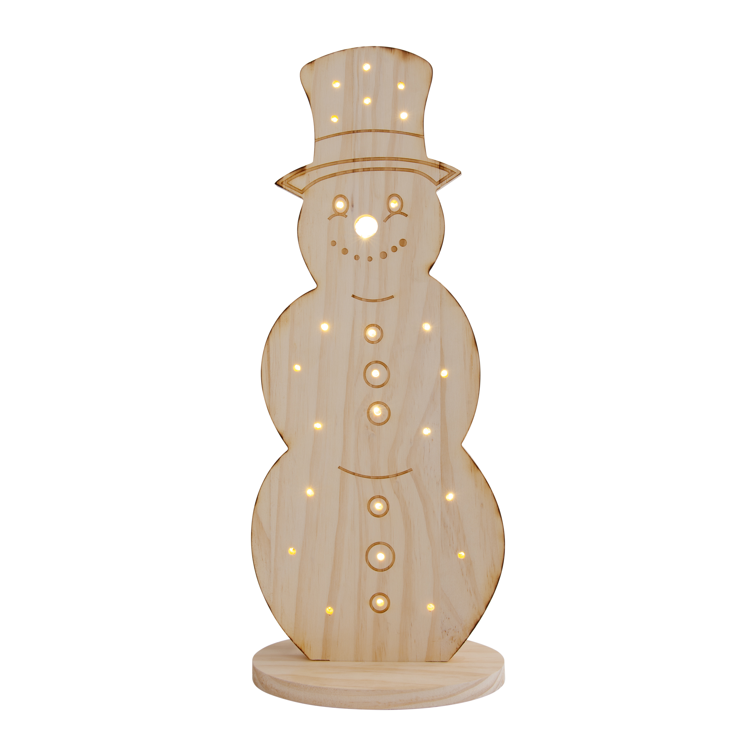 Hölzerne Schneemann-Dekoration mit Lichtern. Hat Hut, Gesicht und Körper. Gelb beleuchtet.