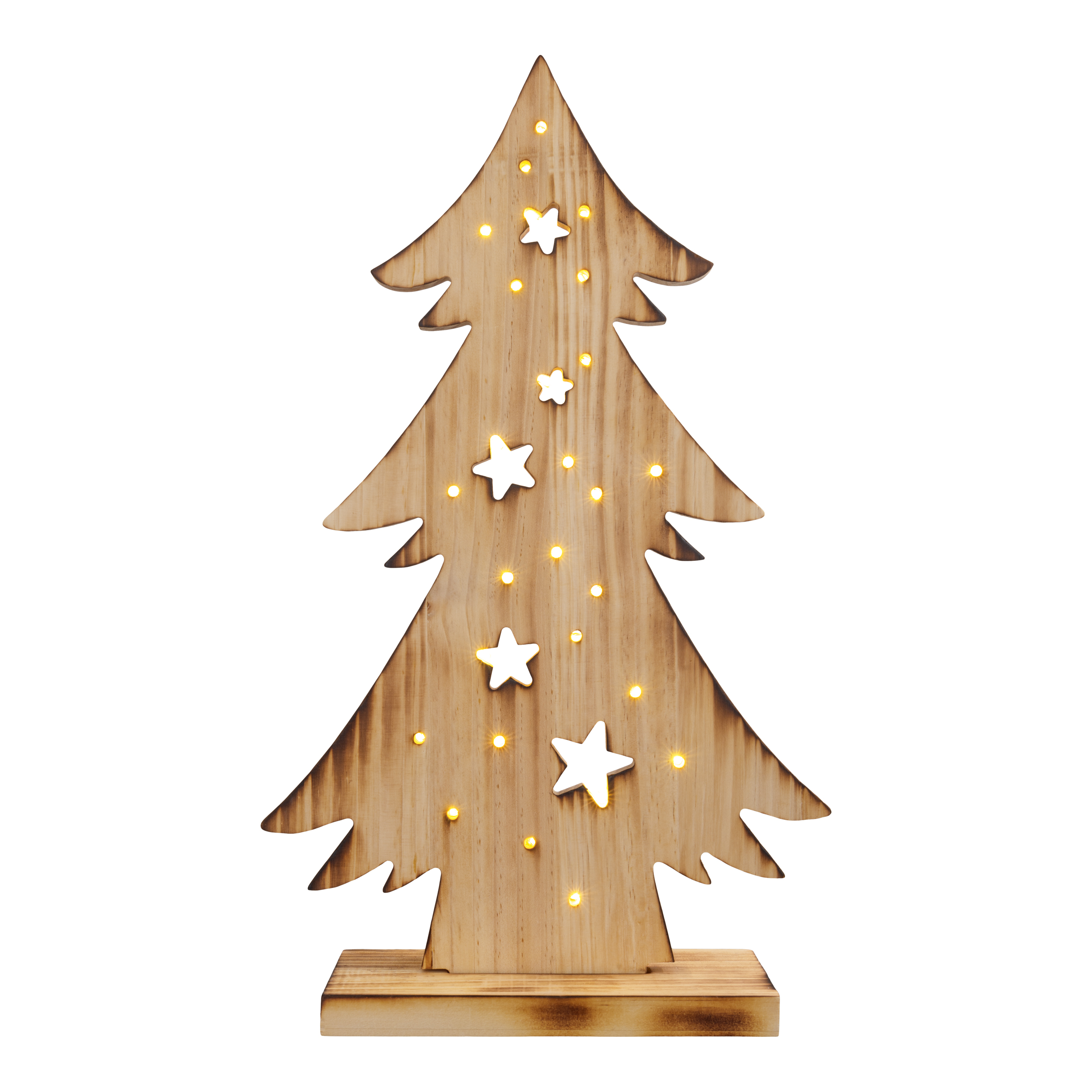 Weihnachtsbaum-Dekoration aus Holz mit Sternen, beleuchtet. Sie steht auf einem Holzsockel.