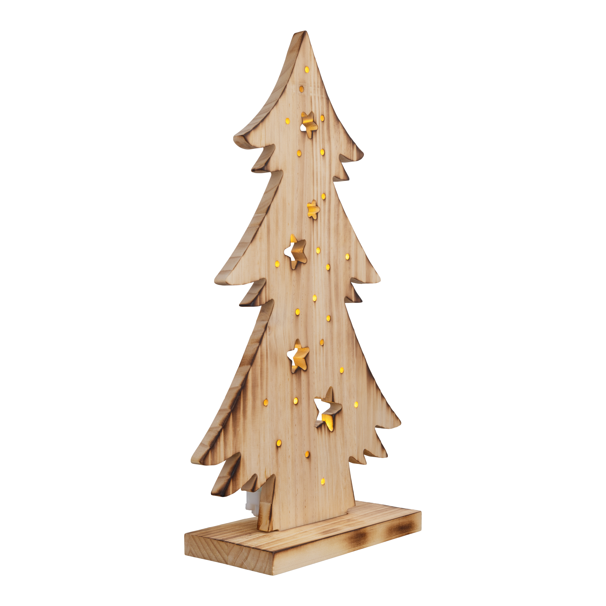Weihnachtsbaum aus Holz mit ausgeschnittenen Sternen und Lichtern. Der Baum ist braun. Er steht auf Holzsockel.