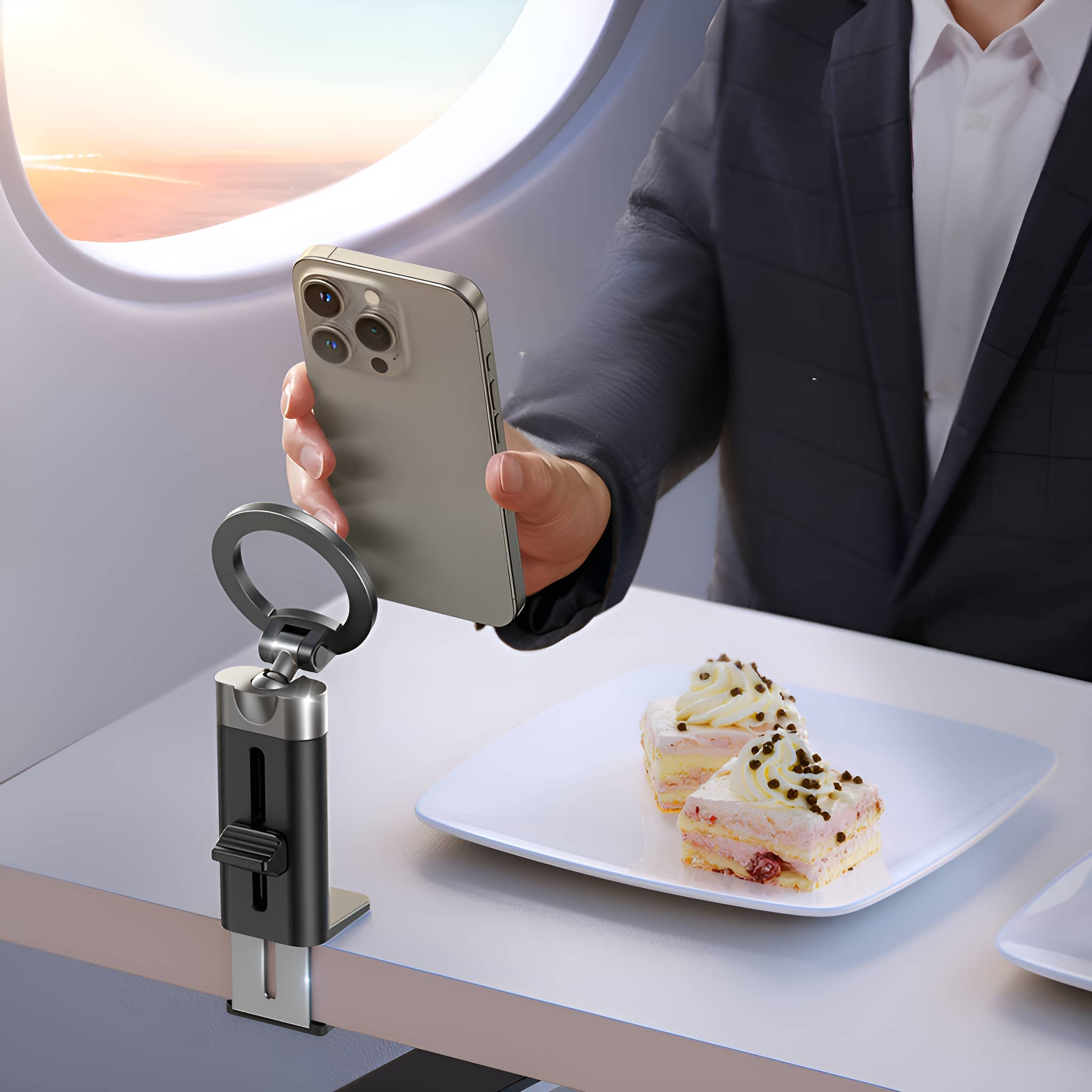 Person hält Telefon über Kuchen auf Tisch, Flugzeugfenster sichtbar.