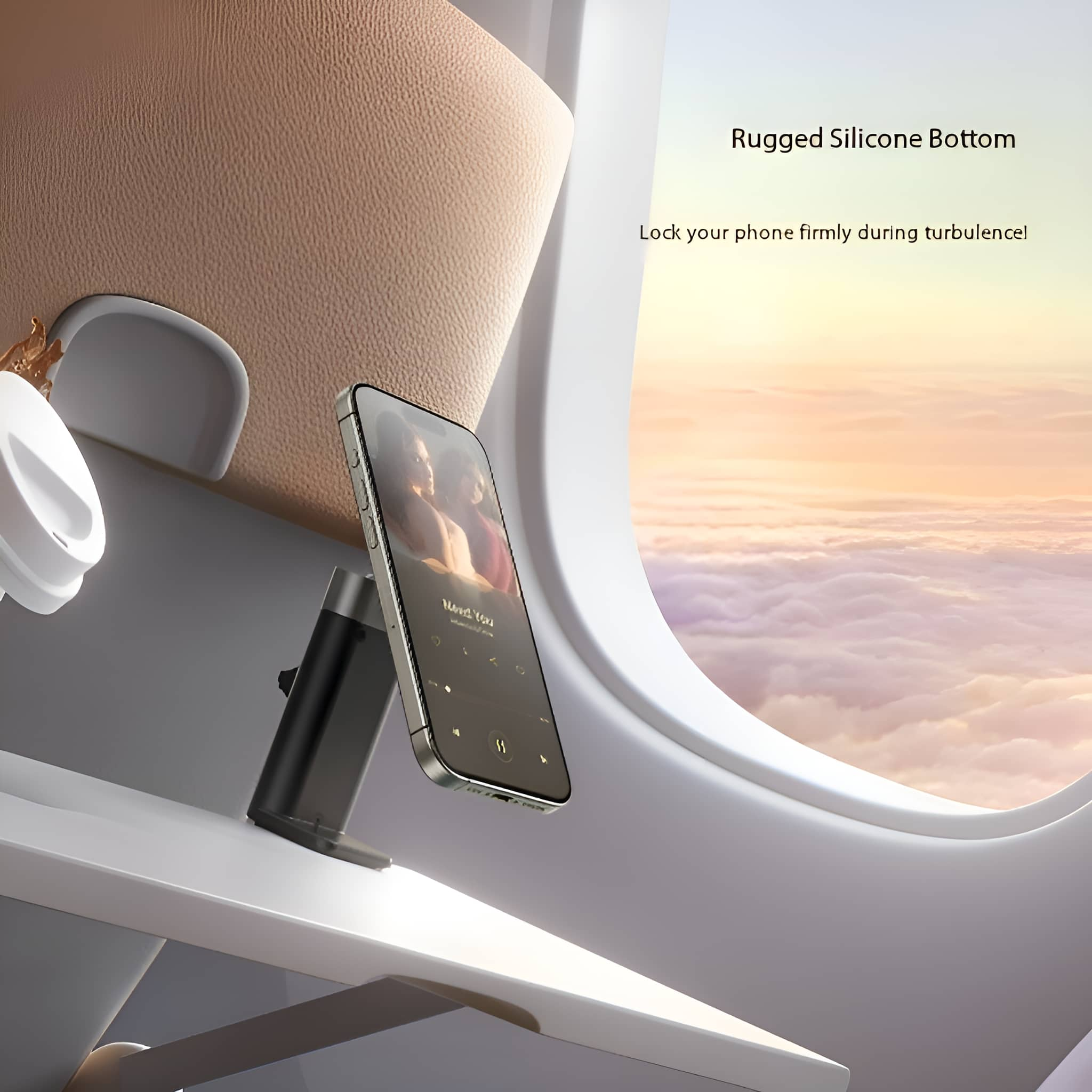 Telefon in einer Halterung auf einem Tablett im Flugzeug.