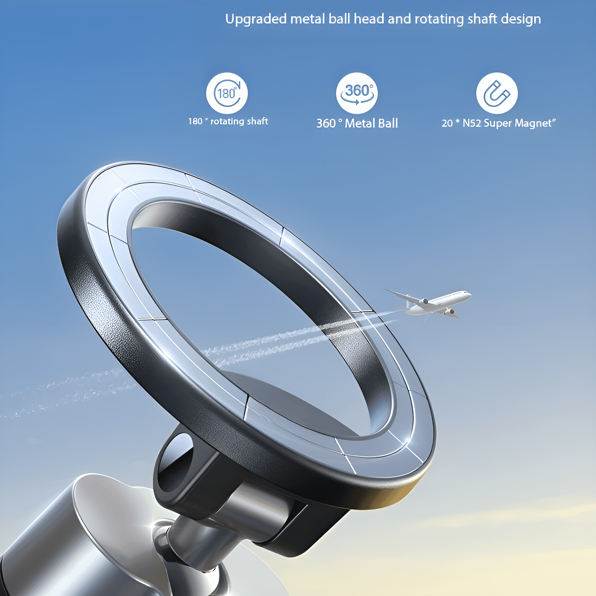 Kfz-Telefonhalter mit Flugzeug im Himmel, metallisches und schwarzes Design.