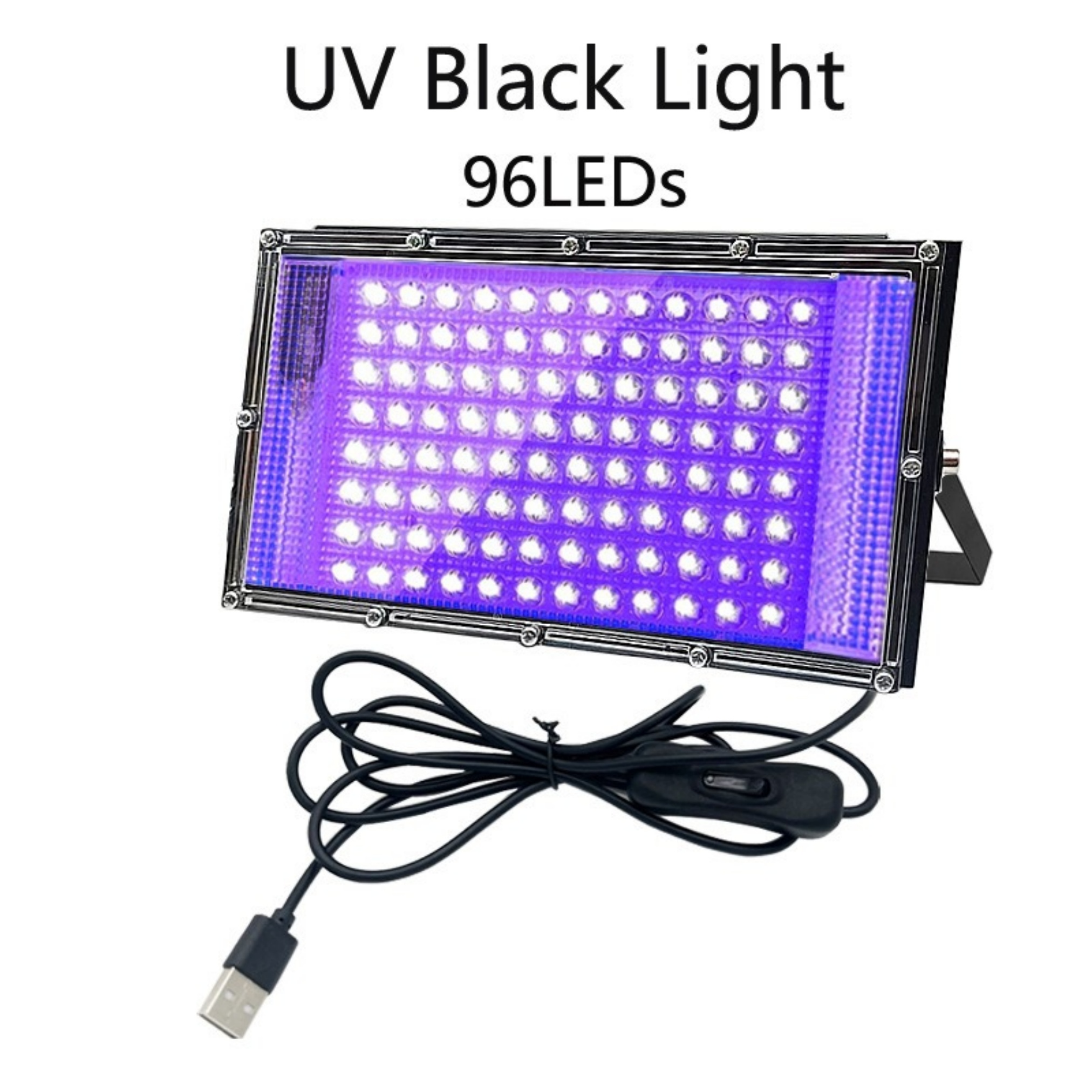 Rechteckiges schwarzes UV-Schwarzlicht mit 96 LEDs, mit schwarzem Kabel und USB-Anschluss.
