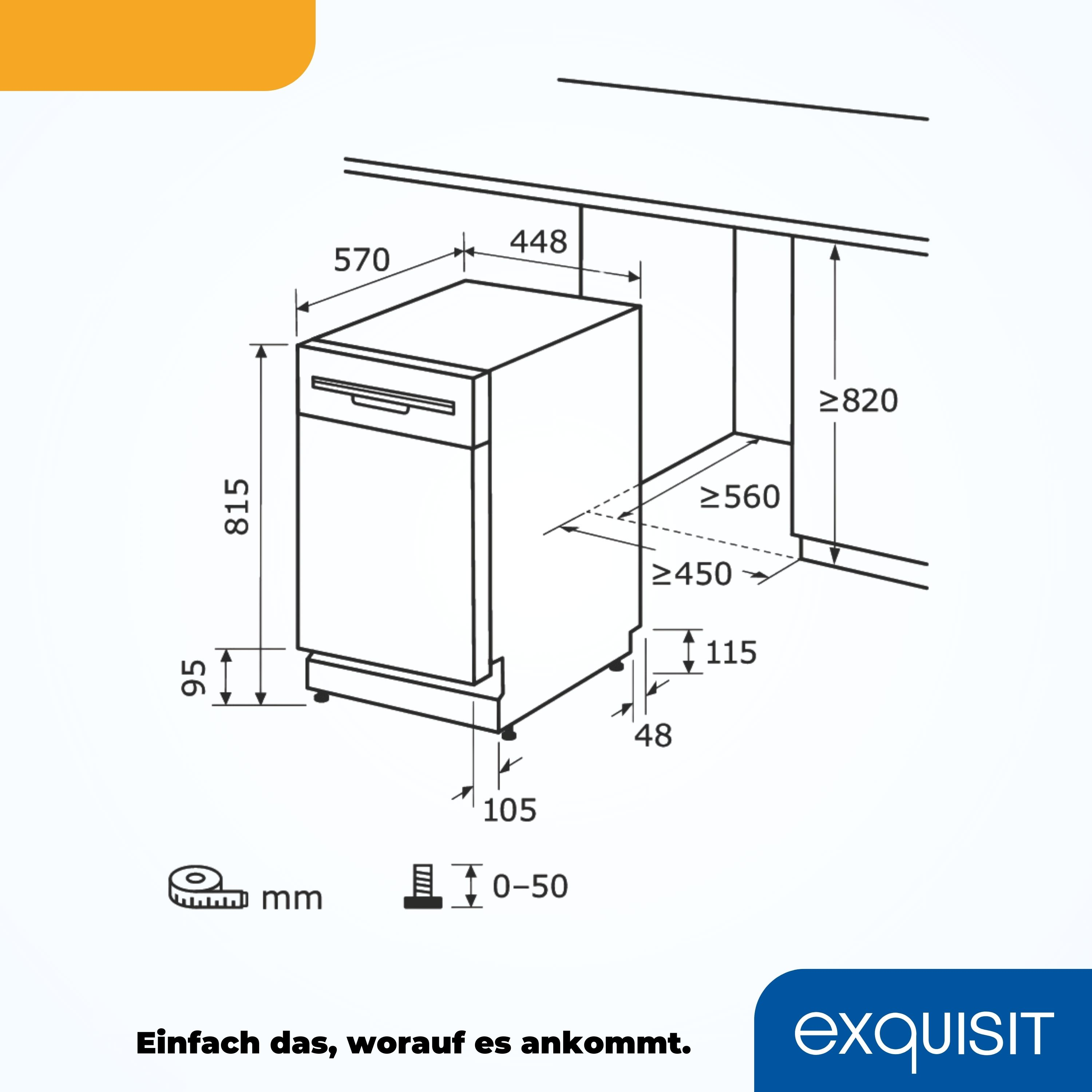 Diagramm eines Geschirrspülers, das die Maße für die Installation zeigt.