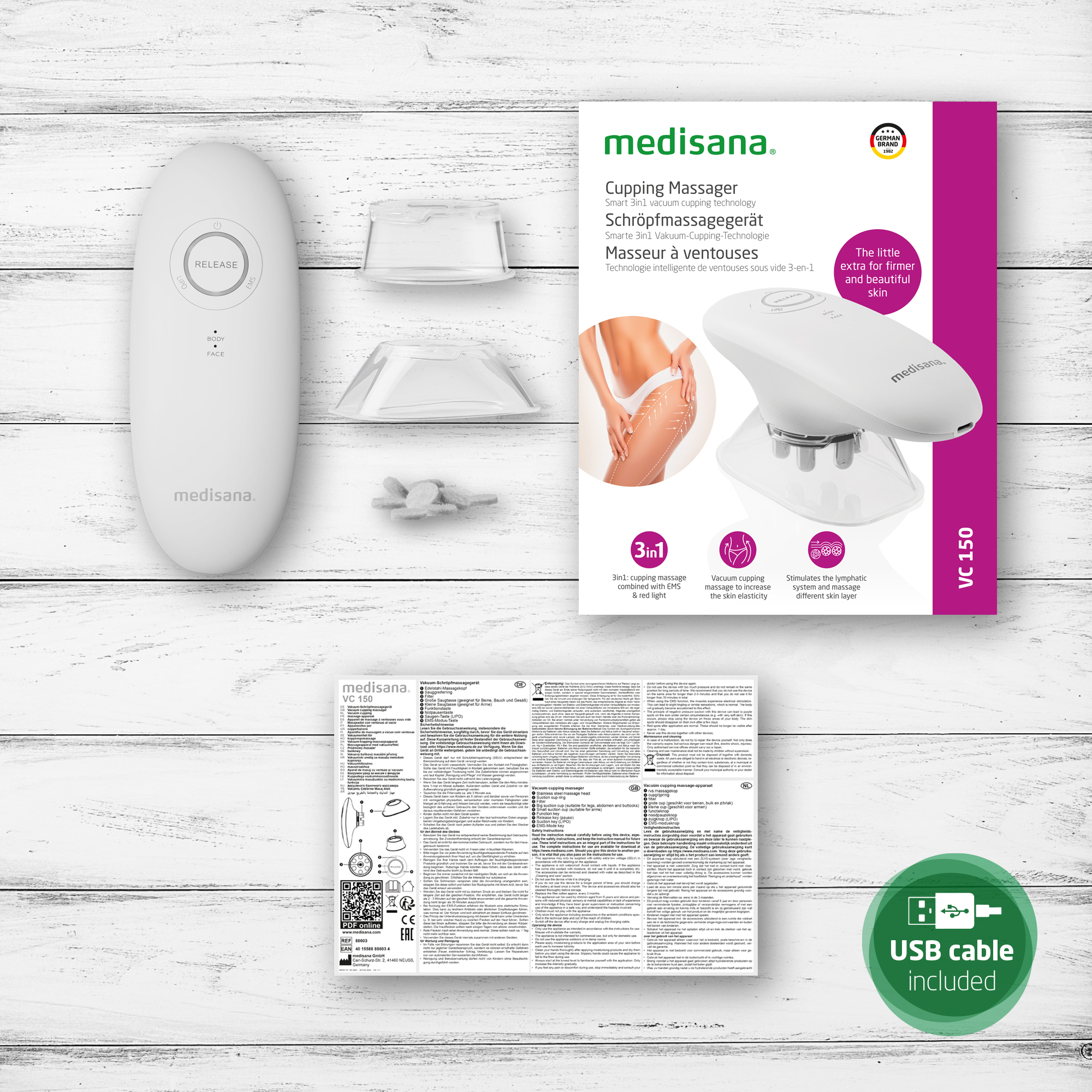Schröpfmassagegerät mit Zubehör, Karton und Produktinformationen.