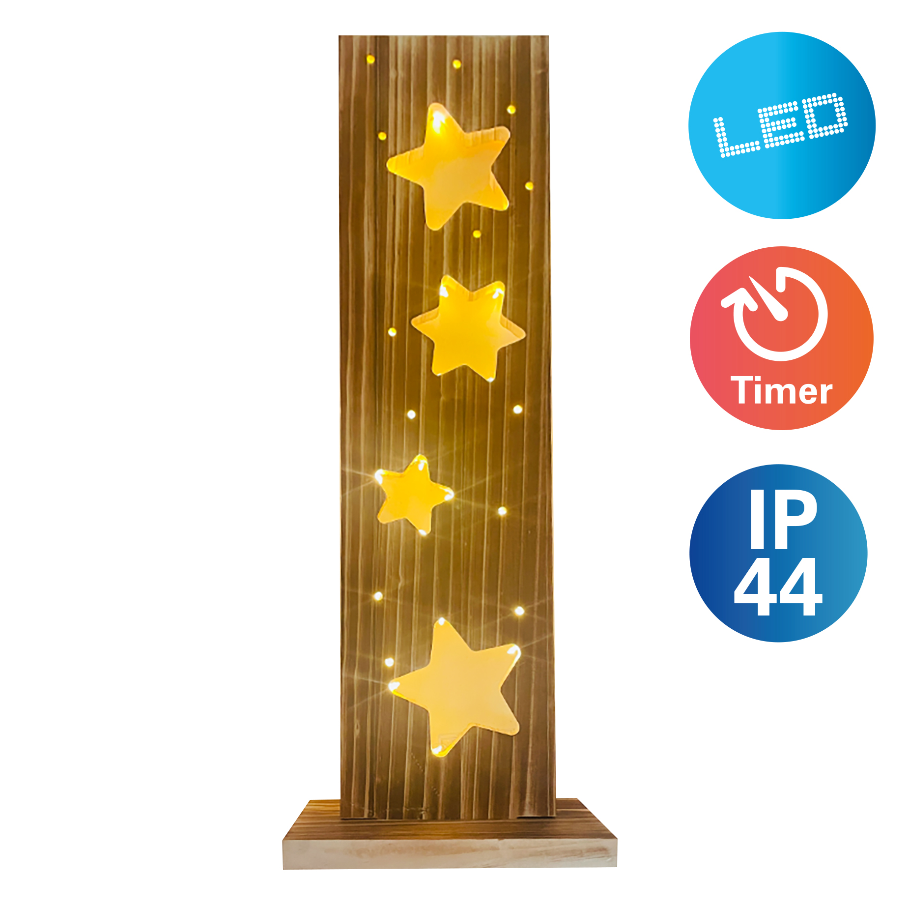 Holzförmige Stern-Leuchte. Drei Sterne sind beleuchtet. Blaue und weiße Symbole rechts.
