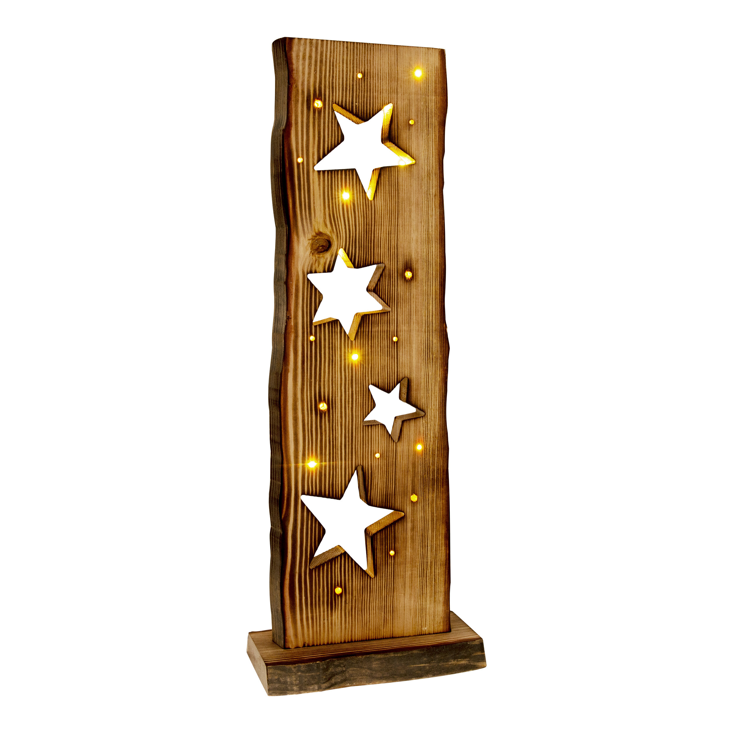 Eine Holz-Stern-Lichtdekoration mit drei ausgeschnittenen Sternen und kleinen Lichtern. Weißer Hintergrund.