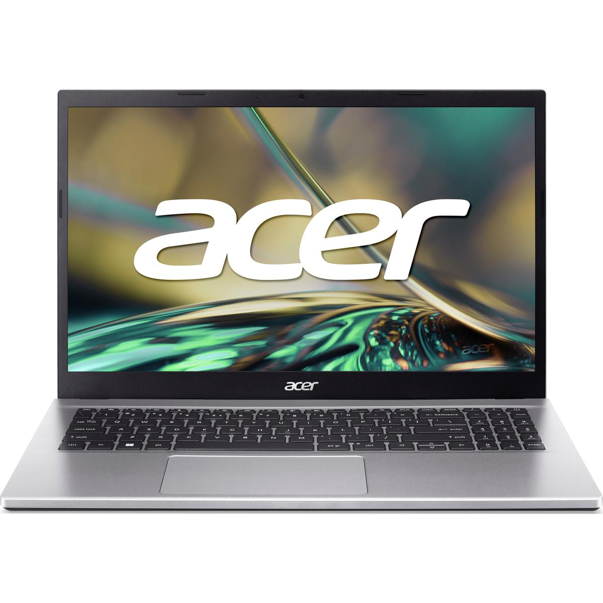 Silbernes Acer-Laptop mit dem Wort 'acer'. Geöffnet, Tastatur sichtbar.