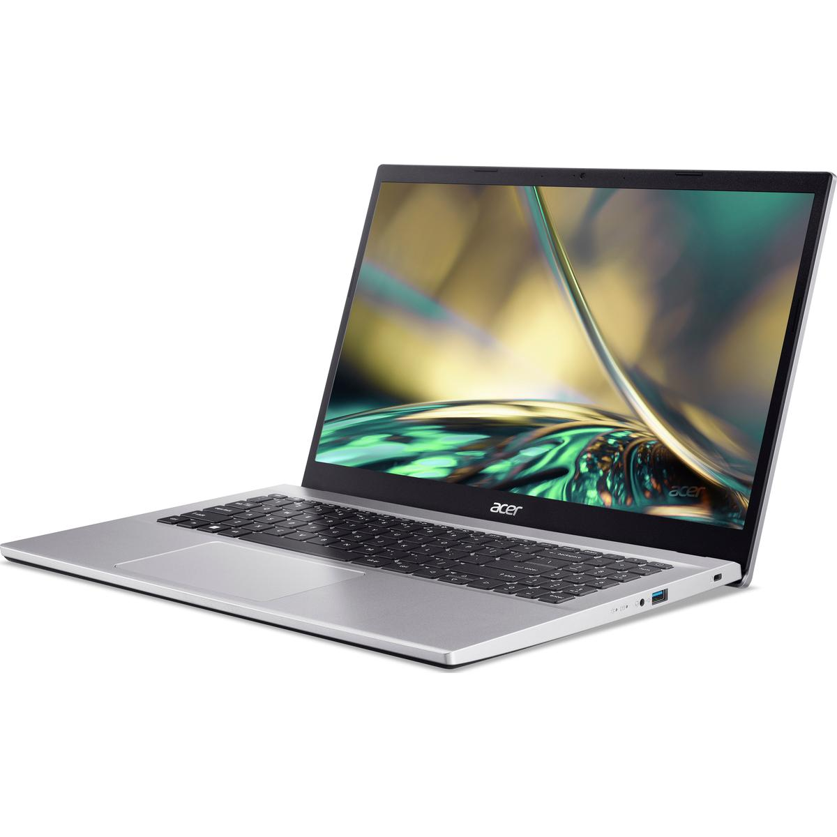 Ein silberner Laptop auf einer weißen Oberfläche. Der Bildschirm ist geöffnet und zeigt eine Anzeige. Die Tastatur ist schwarz.