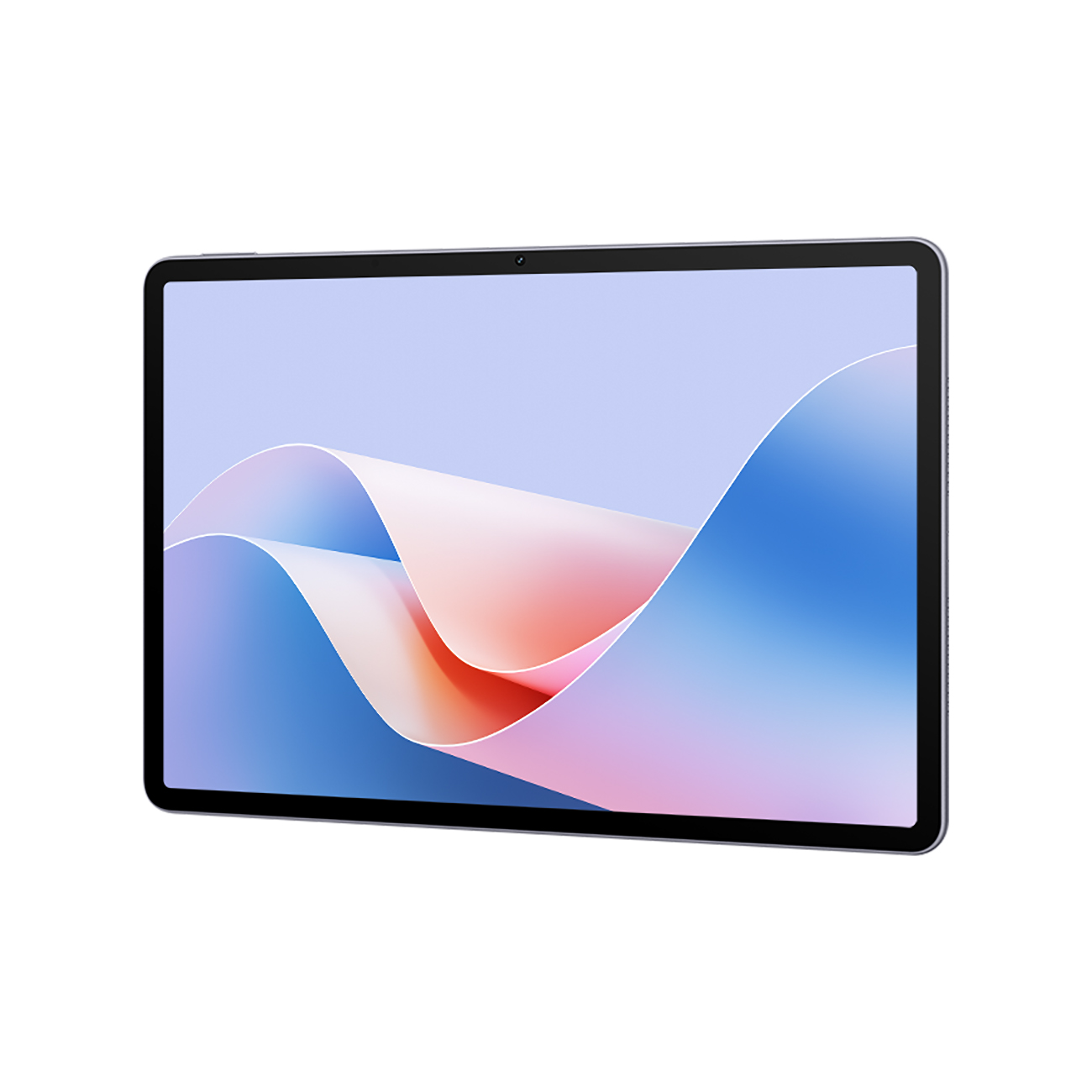 Tablet na białym tle. Ma czarną ramkę i przedni aparat. Ekran jest włączony.