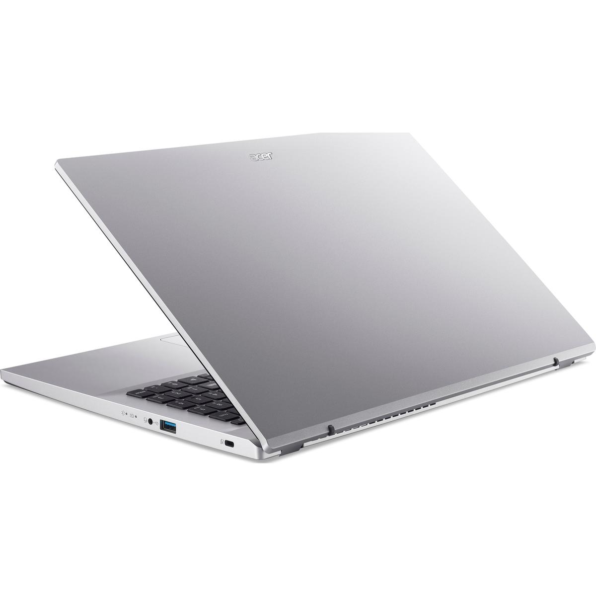 Silberner Laptop, schräge Rückansicht, mit teilweise sichtbarer Tastatur und Bildschirm.