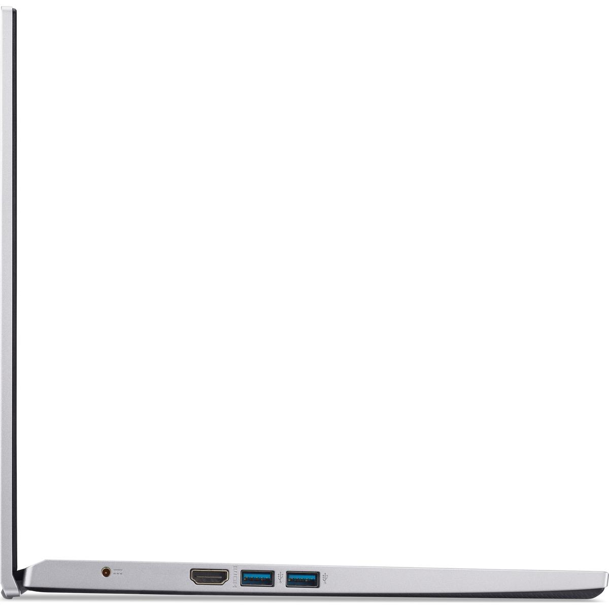 Silberner Laptop, Seitenansicht, zeigt Anschlüsse und den geschlossenen Bildschirm.