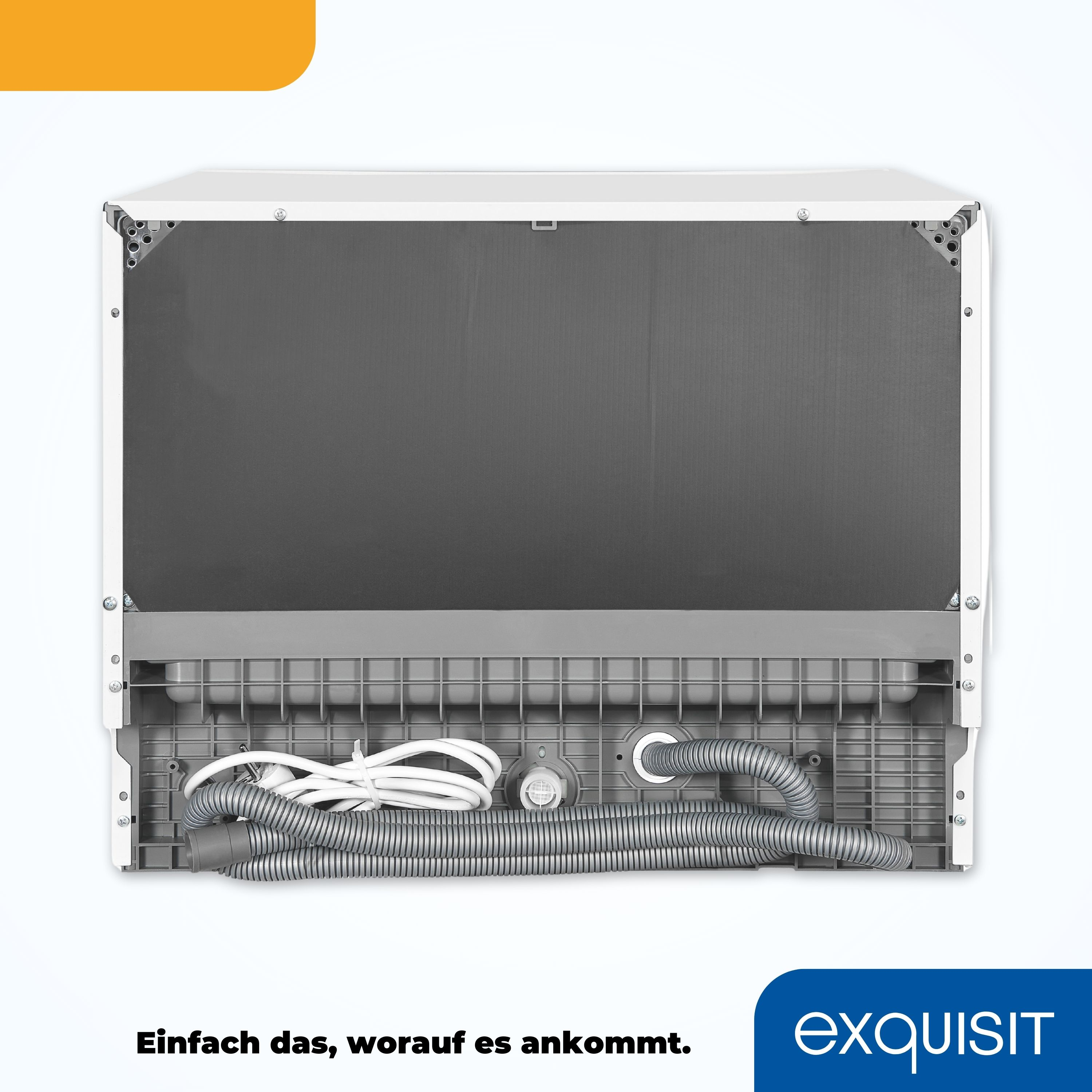 Unterseite eines weißen Geschirrspülers mit Sanitärinstallation und grauer Rückwand.