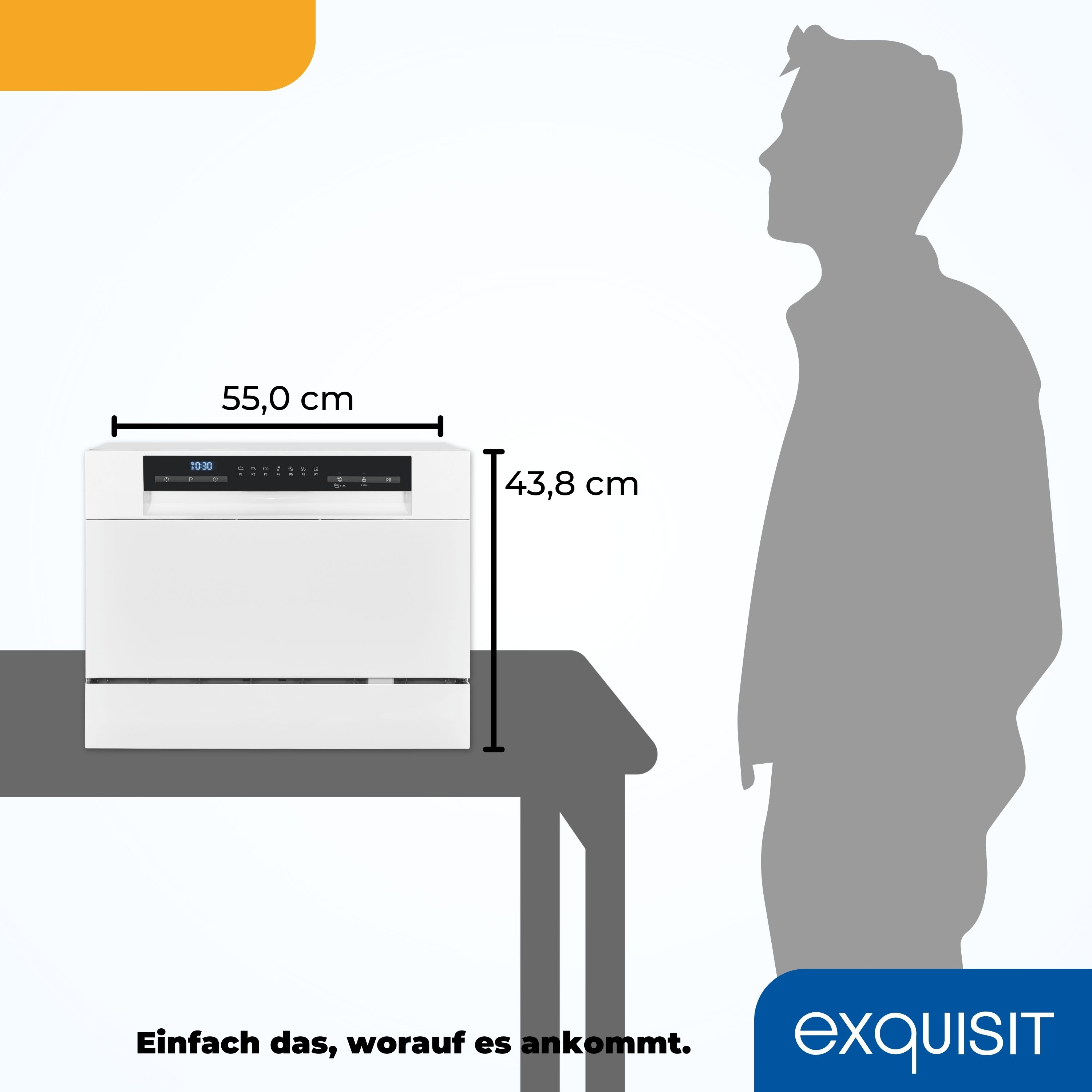 Weißer Geschirrspüler mit Abmessungen und Personensilhouette vor weißem Hintergrund.