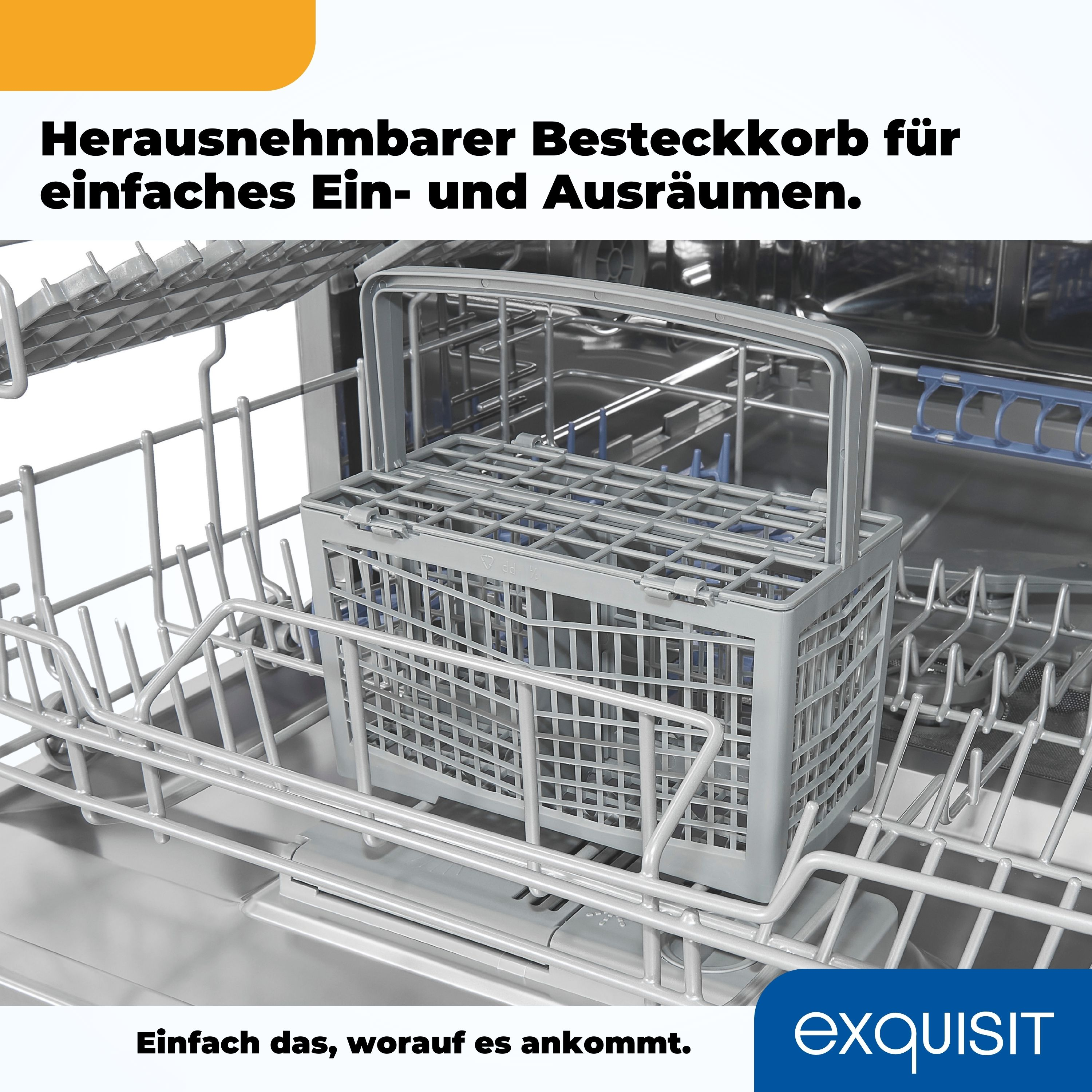 Geschirrspüler-Innenraum mit herausnehmbarem Besteckkorb. Silberne Gestelle und weißer Innenraum.
