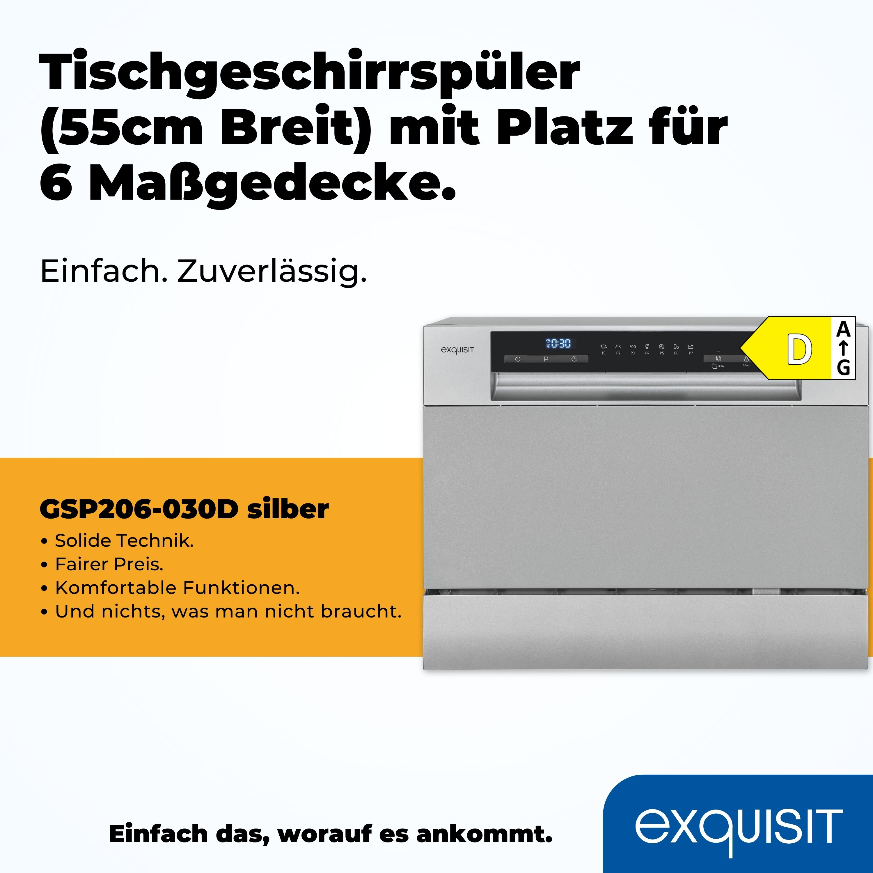 Geschirrspüler mit Text über seine Eigenschaften. Silbernes, modernes Design.