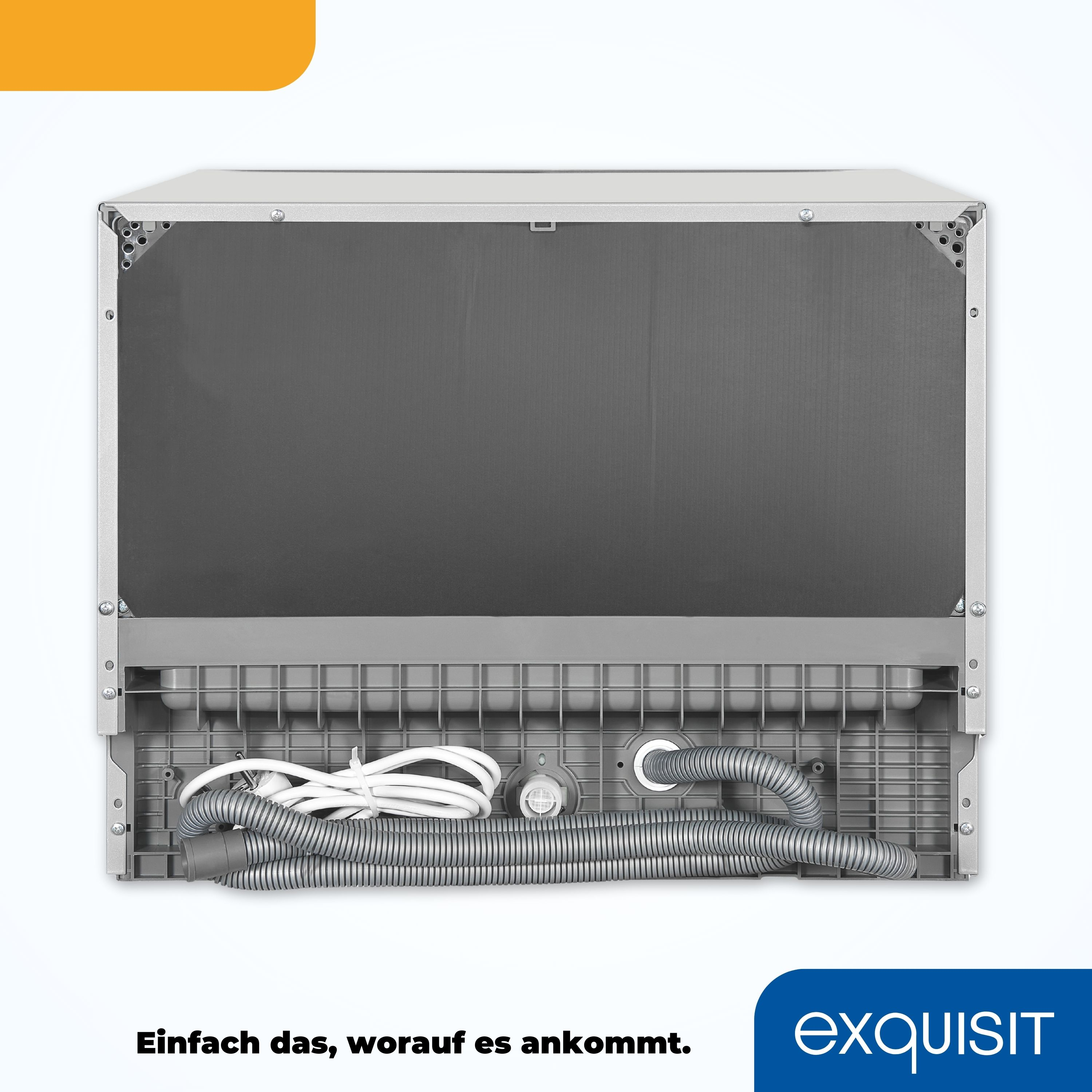Rückseite eines Geschirrspülers mit Schläuchen und einem weißen Kabel unten sichtbar.