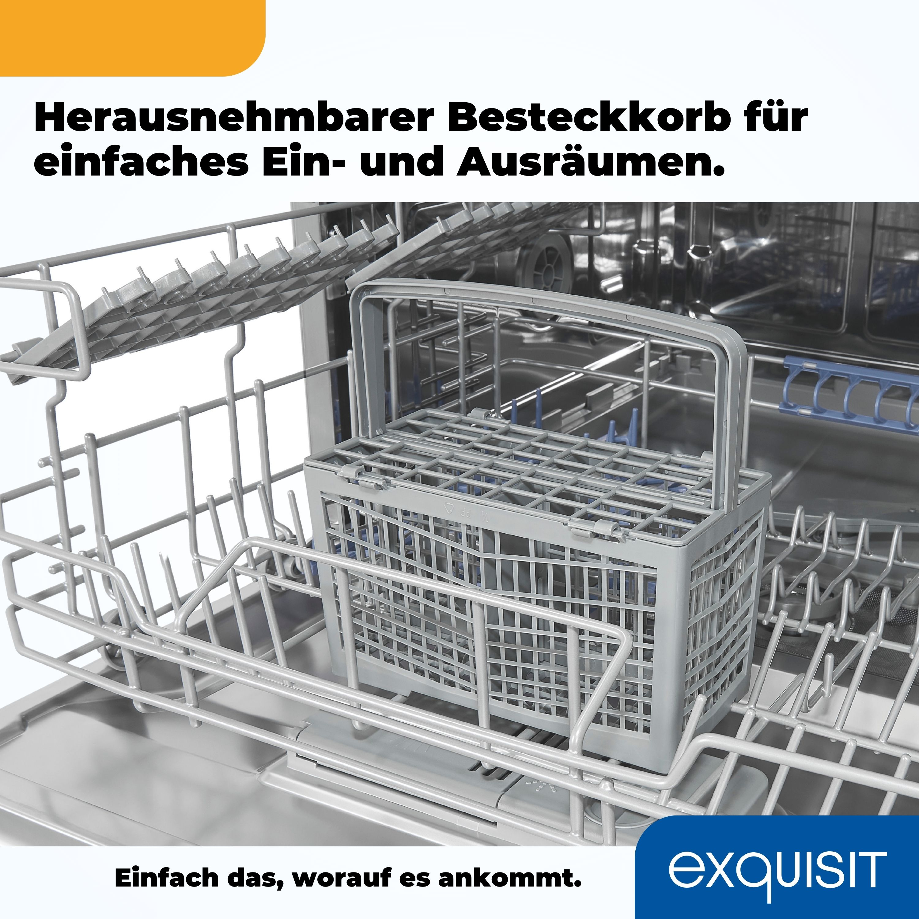 Geschirrspülerkorb mit Utensilien im Inneren. Nahaufnahme. Weißer Hintergrund. Text unten.