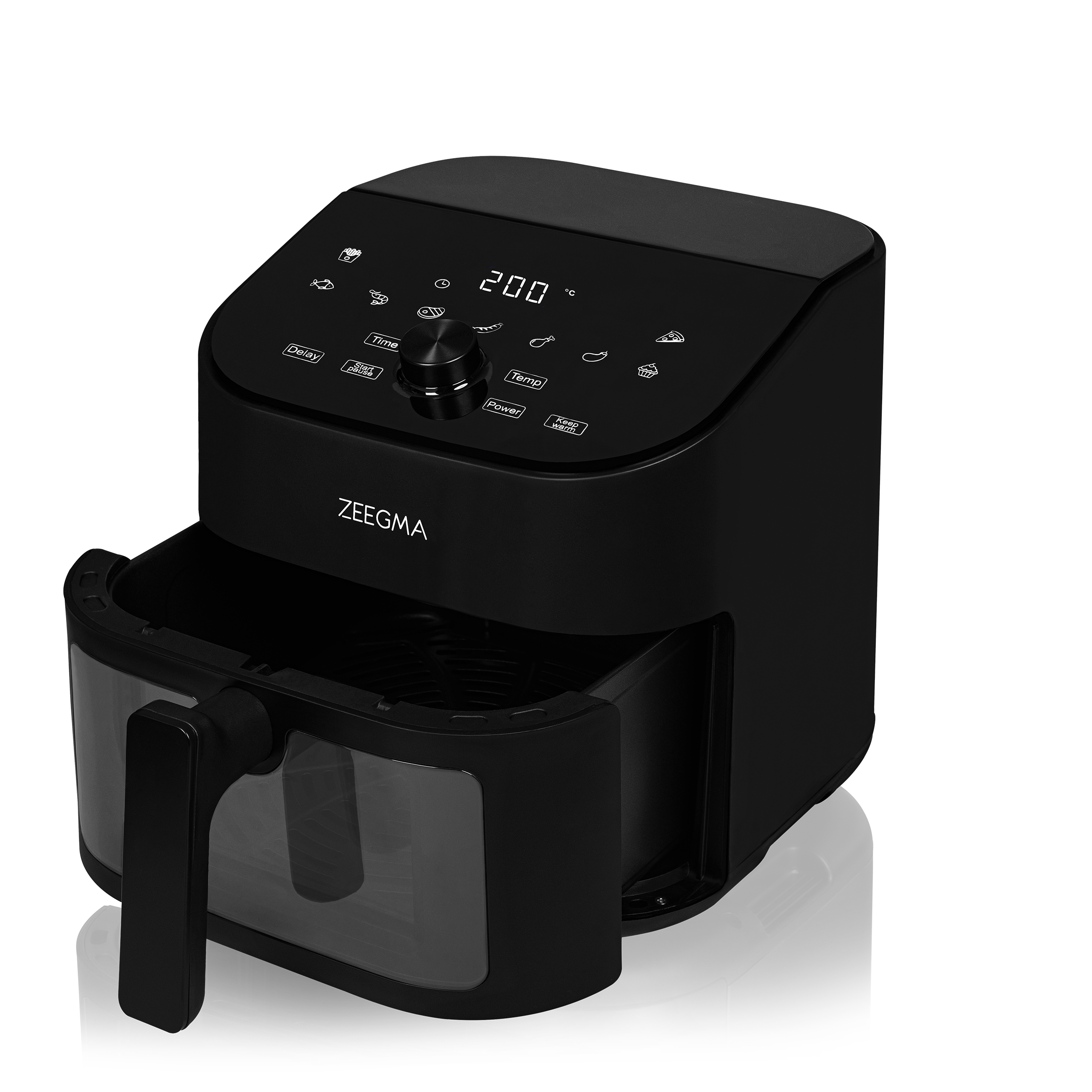 Czarna frytkownica powietrzna z cyfrowym wyświetlaczem i panelem sterowania, pokazująca proces gotowania.