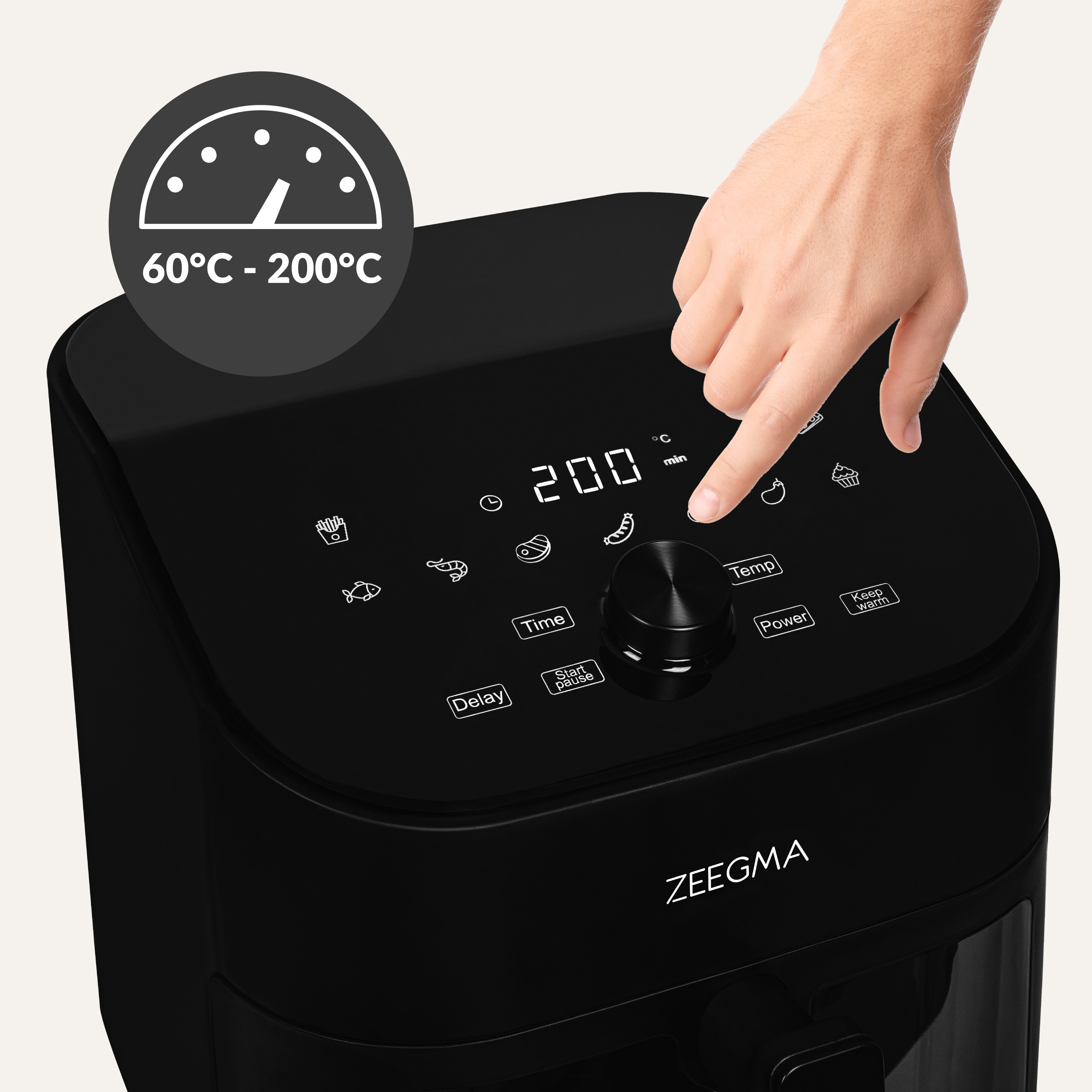 Czarny panel sterowania frytownicy powietrznej. Ręka dotyka przycisku. Wyświetlacz pokazuje 200.