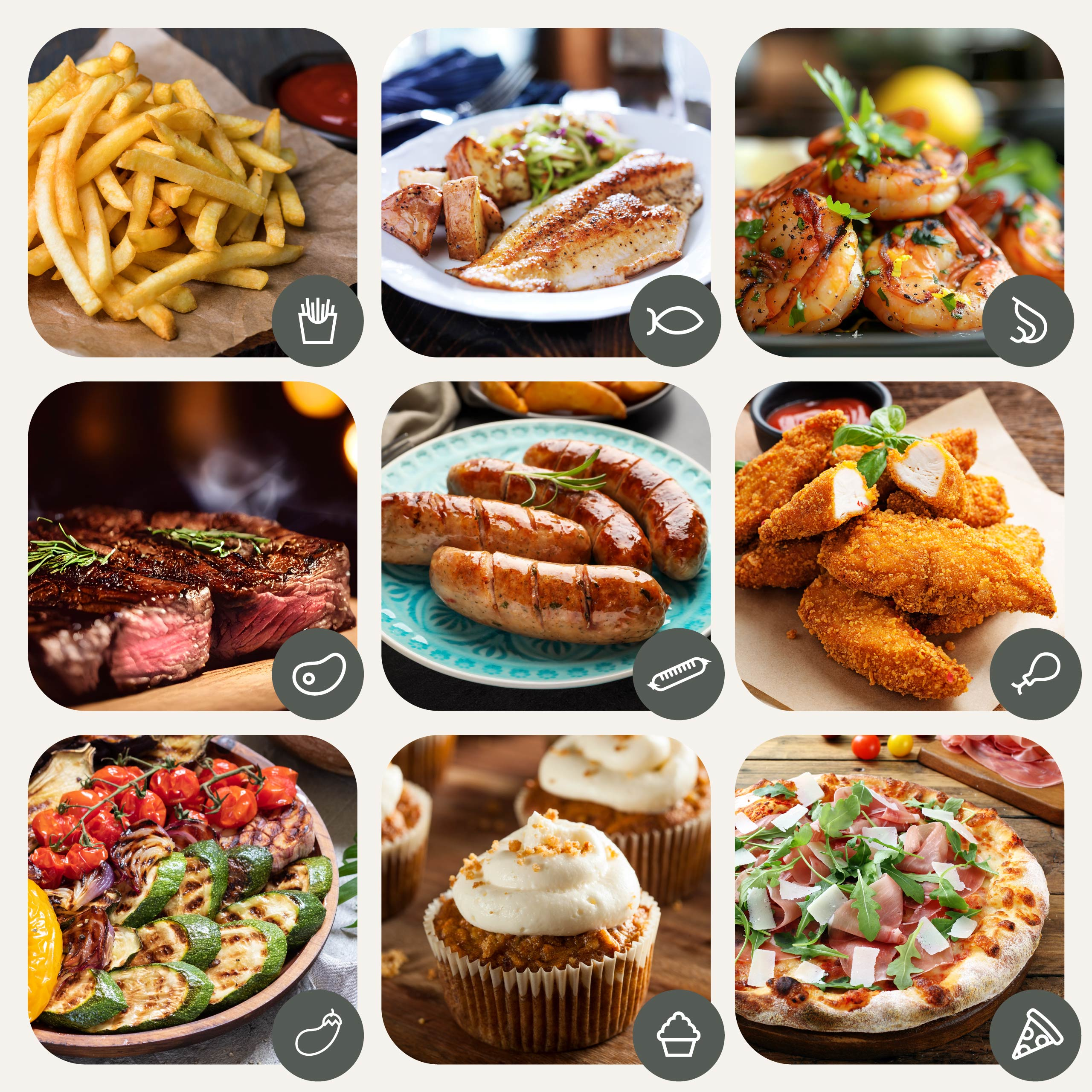 Dziewięć zdjęć jedzenia: frytki, ryby, krewetki, stek, kiełbaski, nuggetsy, grillowane warzywa, babeczka, pizza.