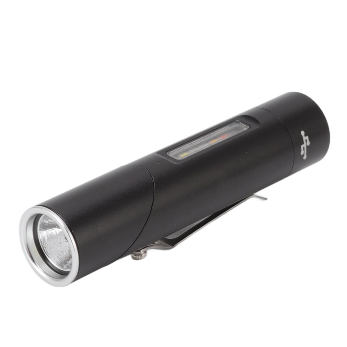 Schwarze Taschenlampe mit USB-Anschluss und Metallclip.