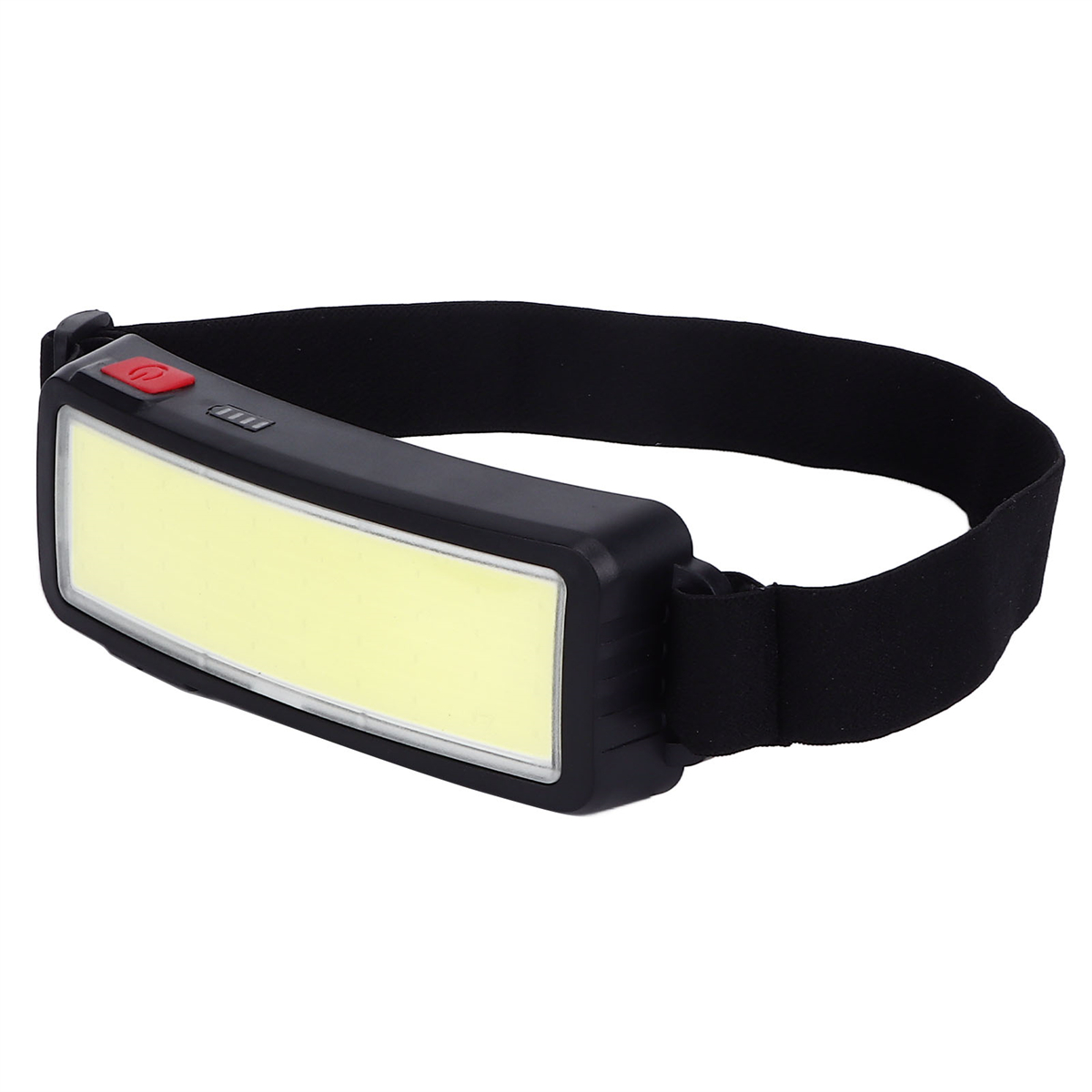 Eine schwarze Stirnlampe mit weißem Licht auf weißem Hintergrund.