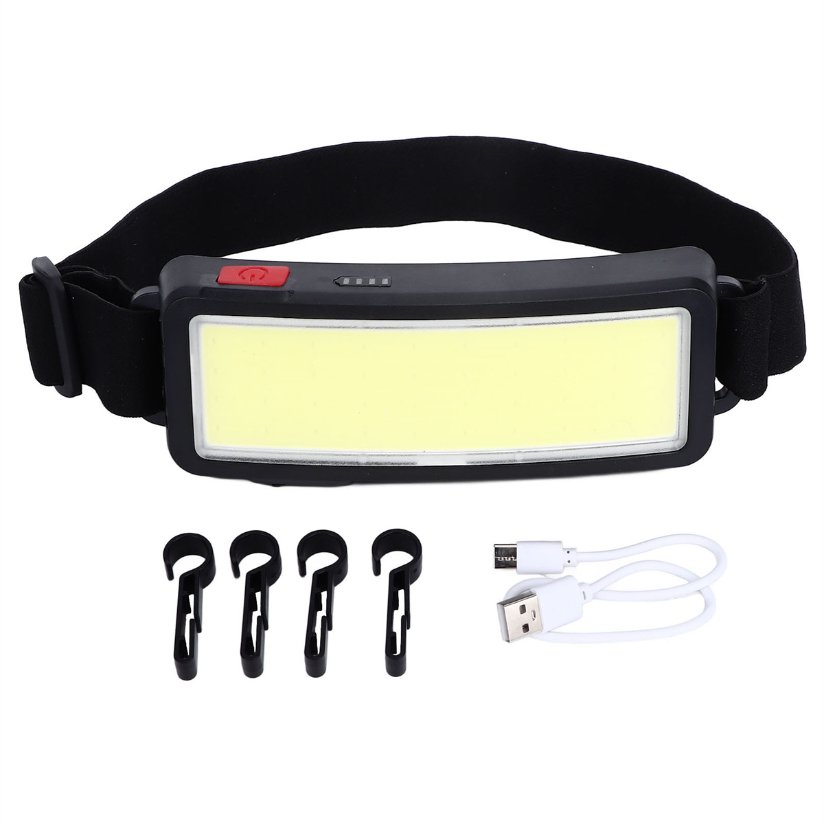 Eine Stirnlampe mit Clips und einem Ladekabel. Die Stirnlampe ist schwarz.