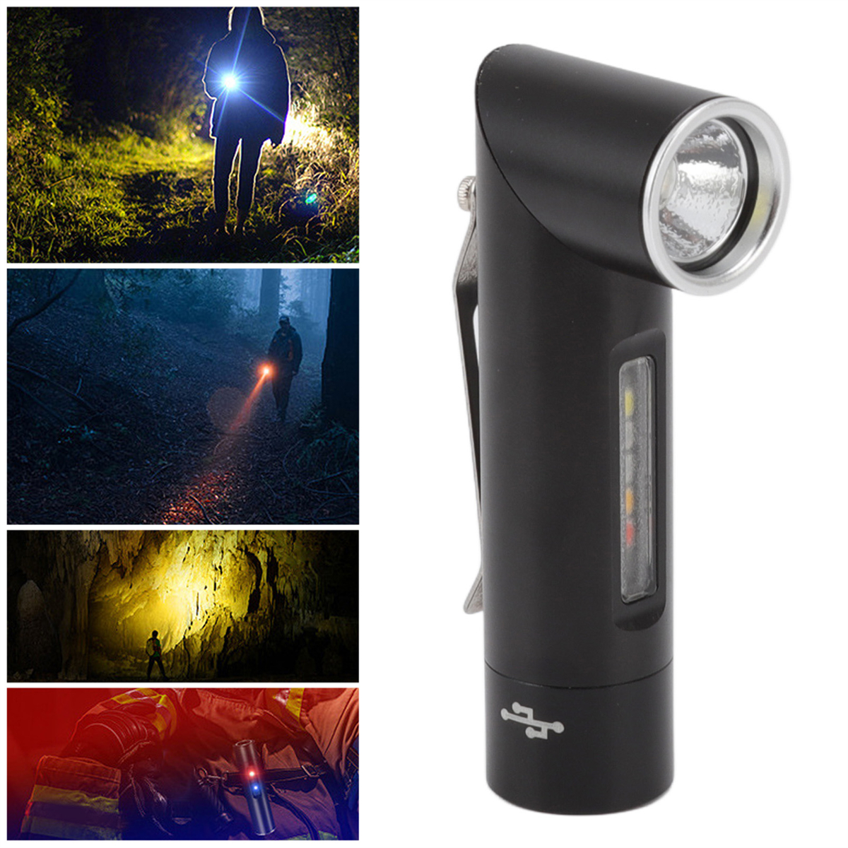 Schwarze und silberne Taschenlampe mit Szenen: dunkler Wald, Höhle und Feuerwehrmann.