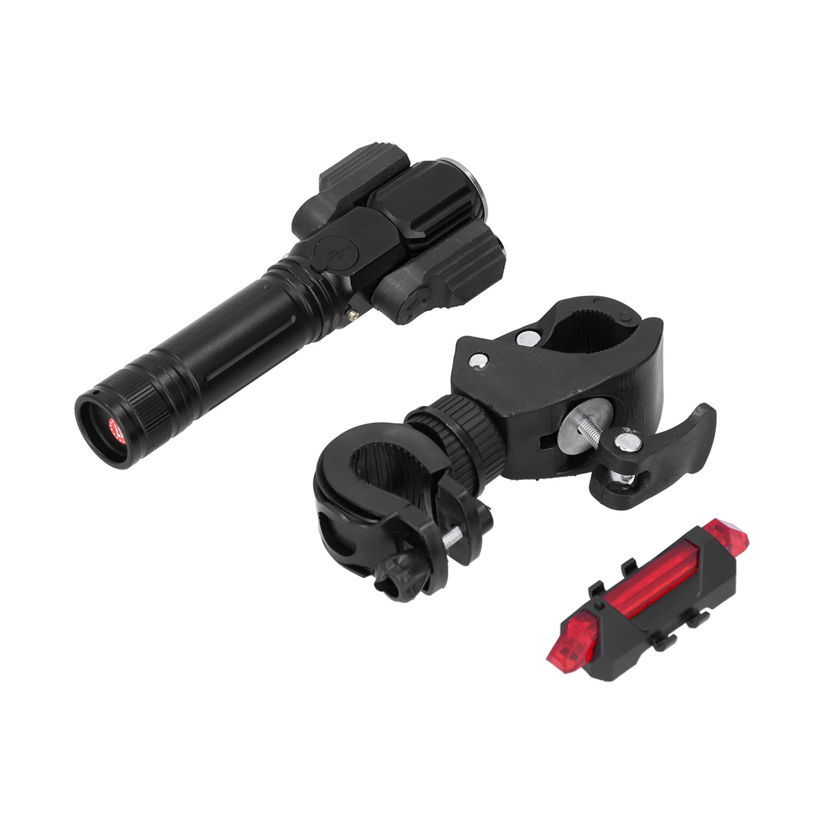 Schwarze Fahrradbeleuchtung und eine Halterung. Taschenlampe, Halterung und ein rotes Rücklicht werden angezeigt.