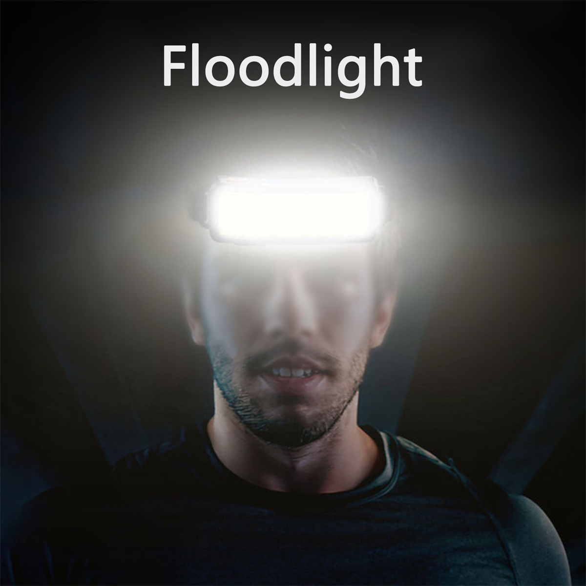 Mann mit Stirnlampe, mit dem Wort 'Flutlicht'.