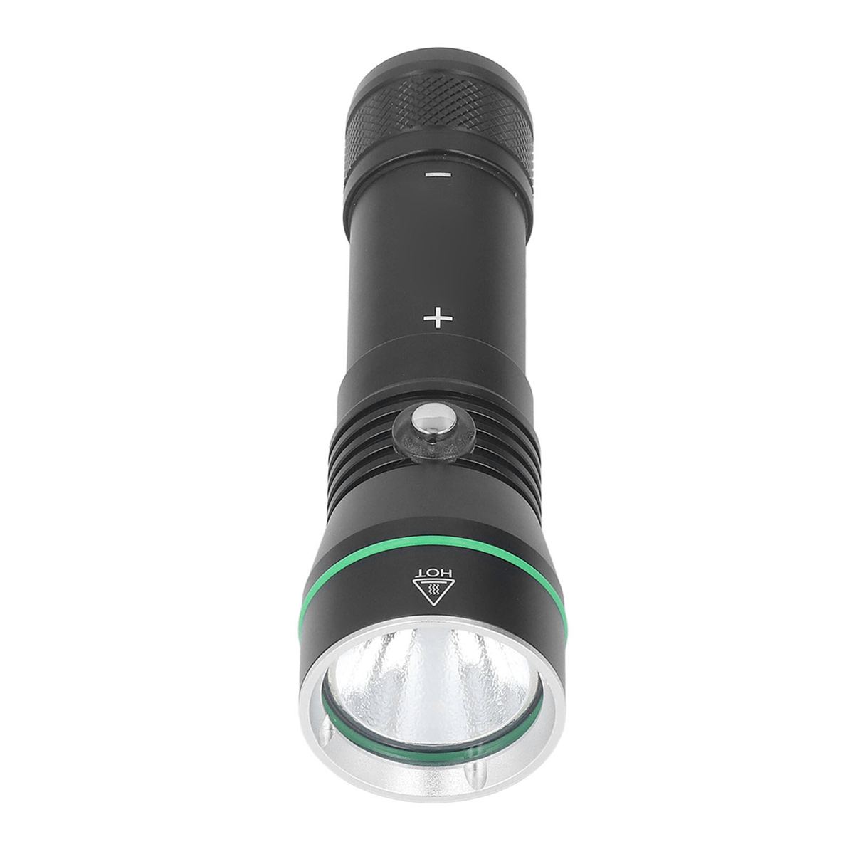 Schwarze Taschenlampe mit grünem Ring. Es hat ein Plus- und Minus-Symbol auf dem Körper.