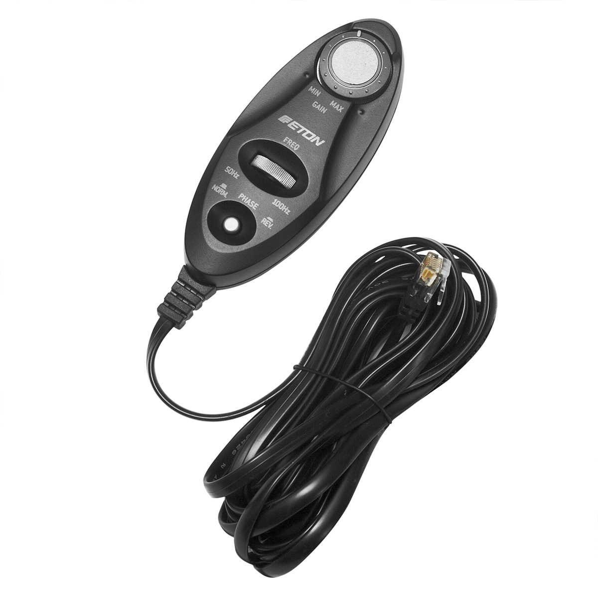 Schwarzer Audioregler. Knopf, Tasten und Kabel sind sichtbar, mit weißem Hintergrund.