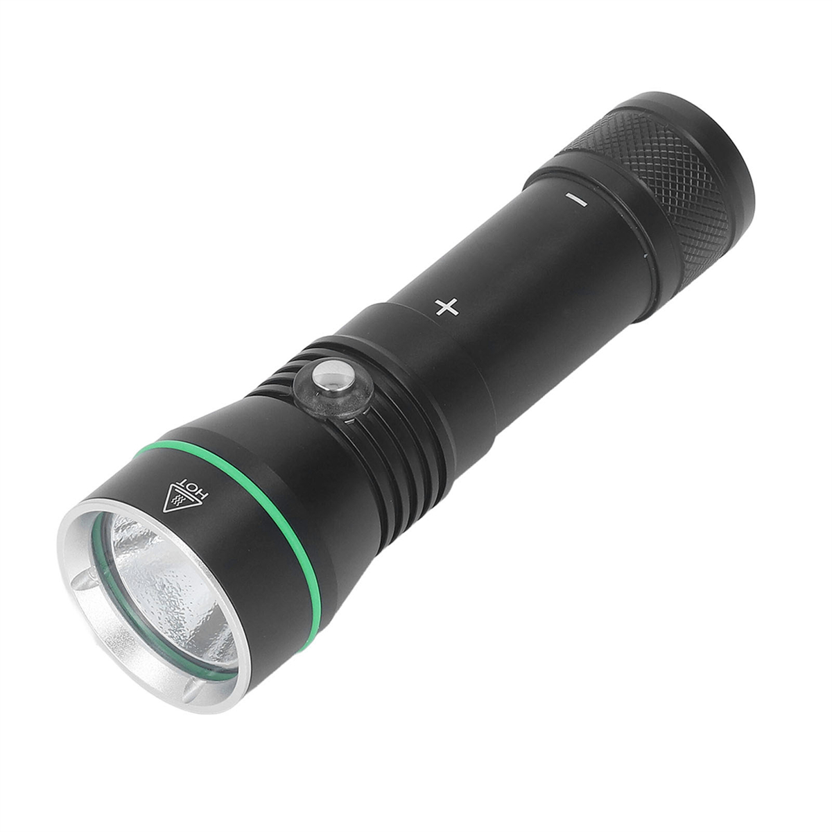 Schwarze Taschenlampe mit grünem Ring. Sie hat einen Knopf und eine Linse. Die Oberseite ist schwarz.