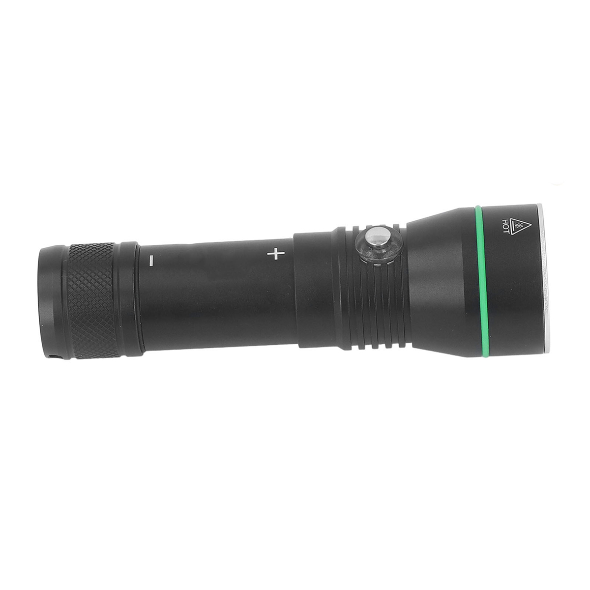Eine schwarze Taschenlampe mit Plus- und Minus-Tasten und einem grünen Ring.