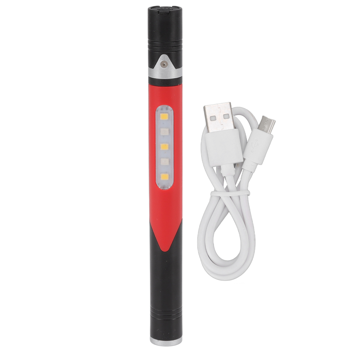 Rote und schwarze Taschenlampe mit USB-C-Kabel. Mit LED-Leuchten.