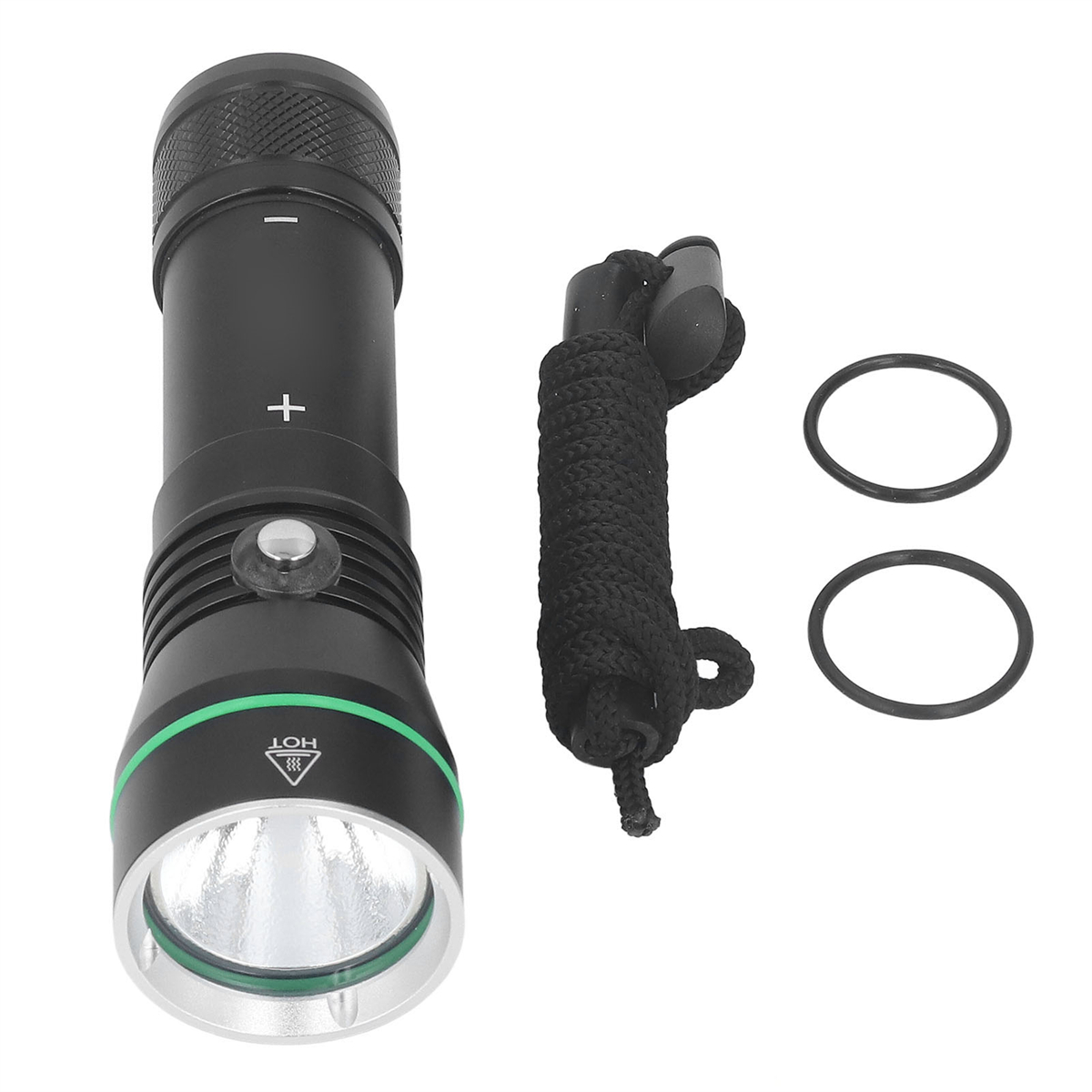 Schwarze Taschenlampe mit Kordel und Ringen.