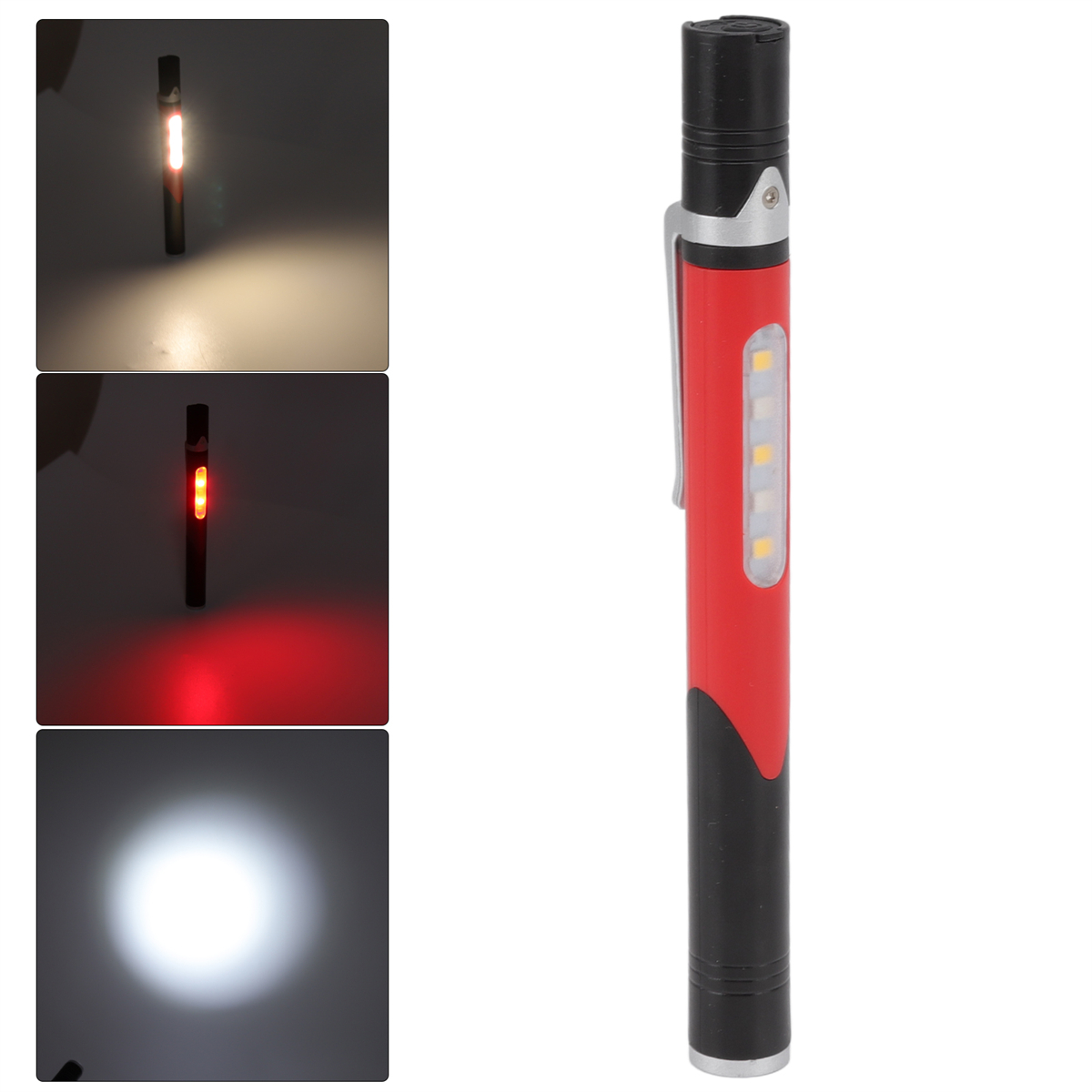 Eine rot-schwarze Taschenlampe mit drei Lichtmodi. Die Modi sind weiß, rot und aus.