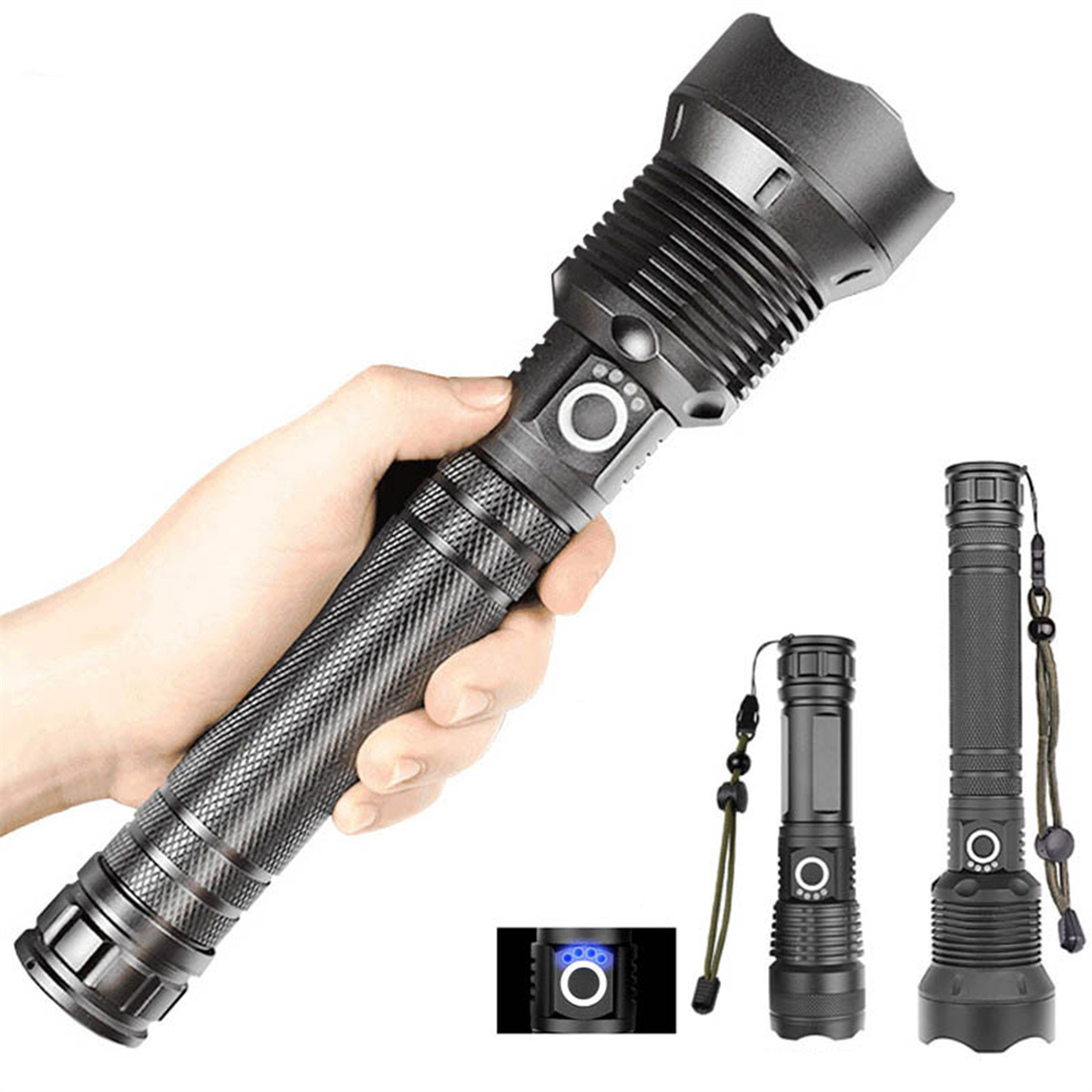 Schwarze Taschenlampe, gehalten von einer Hand, und kleinere Lampen.