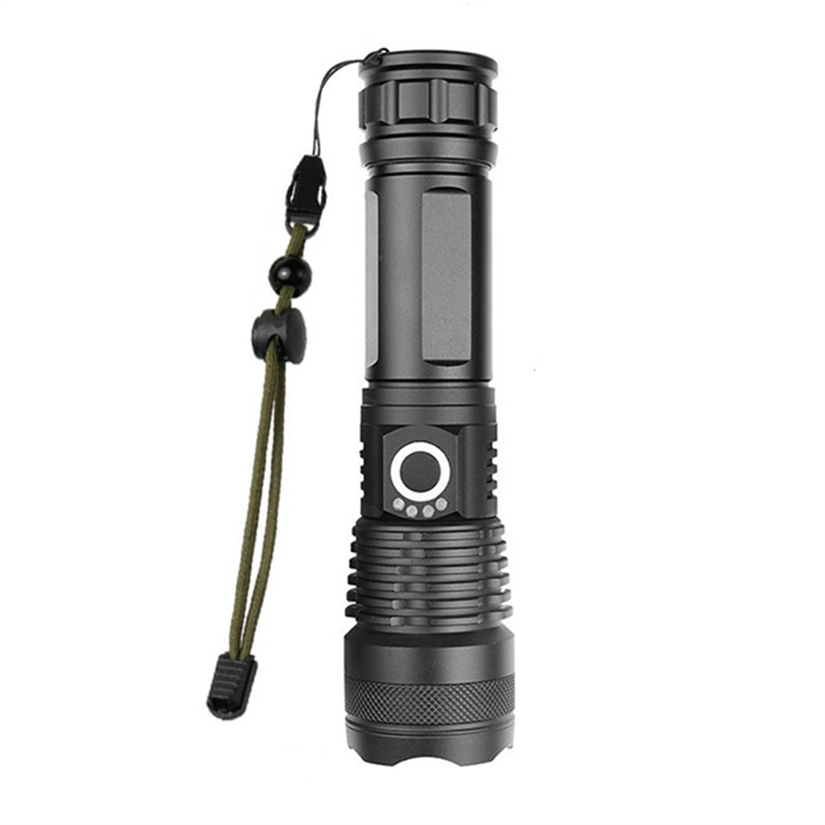 Schwarze Taschenlampe mit Schlüsselband. Weißer Hintergrund. Die Taschenlampe ist an.