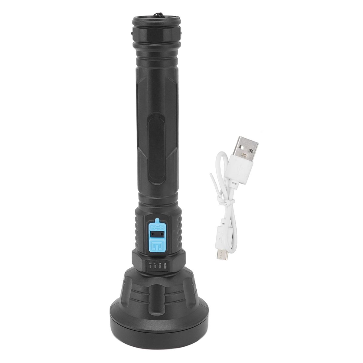 Eine schwarze Taschenlampe und ein weißes USB-Kabel. Der Hintergrund ist weiß.