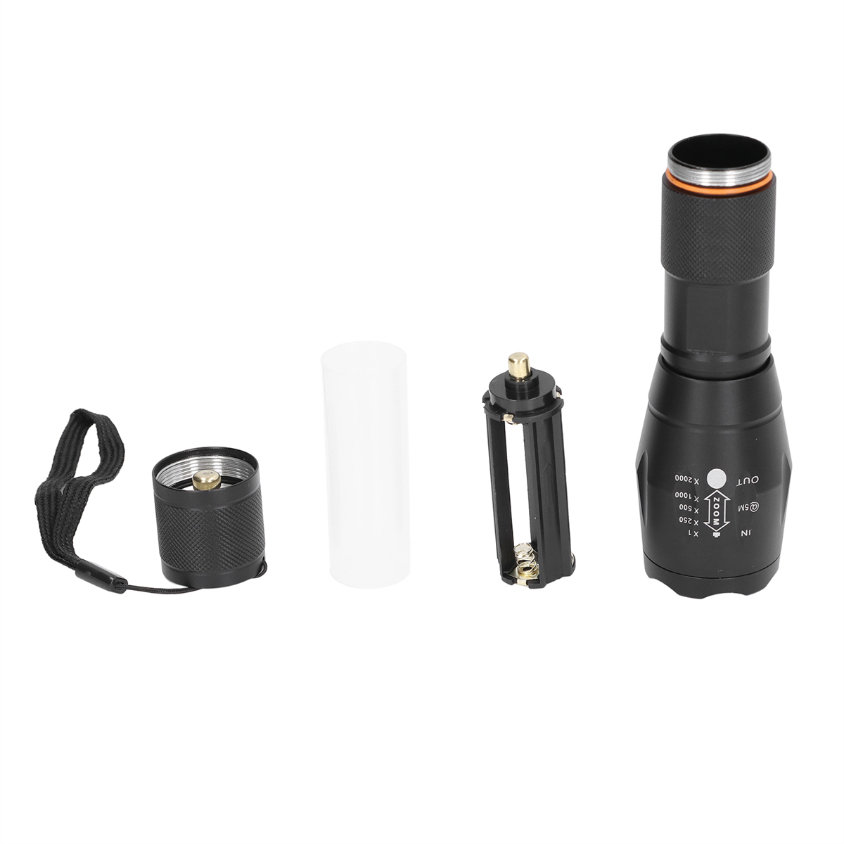 Zerlegte Taschenlampe. Enthält Gehäuse, Batteriehalter, weißes Rohr und Objektivdeckel.